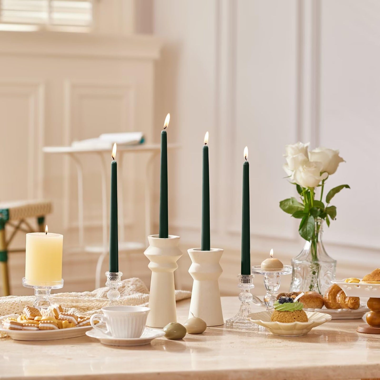 Pickood 12-Inch Tall Dripless Taper Candles Set of 4 - Dark Green Tapered Candles, Perfect for Christmas - Smokeless, Unscented, Long Burning - Hand Poured, Colored Tall Candlesticks - Hunter Green