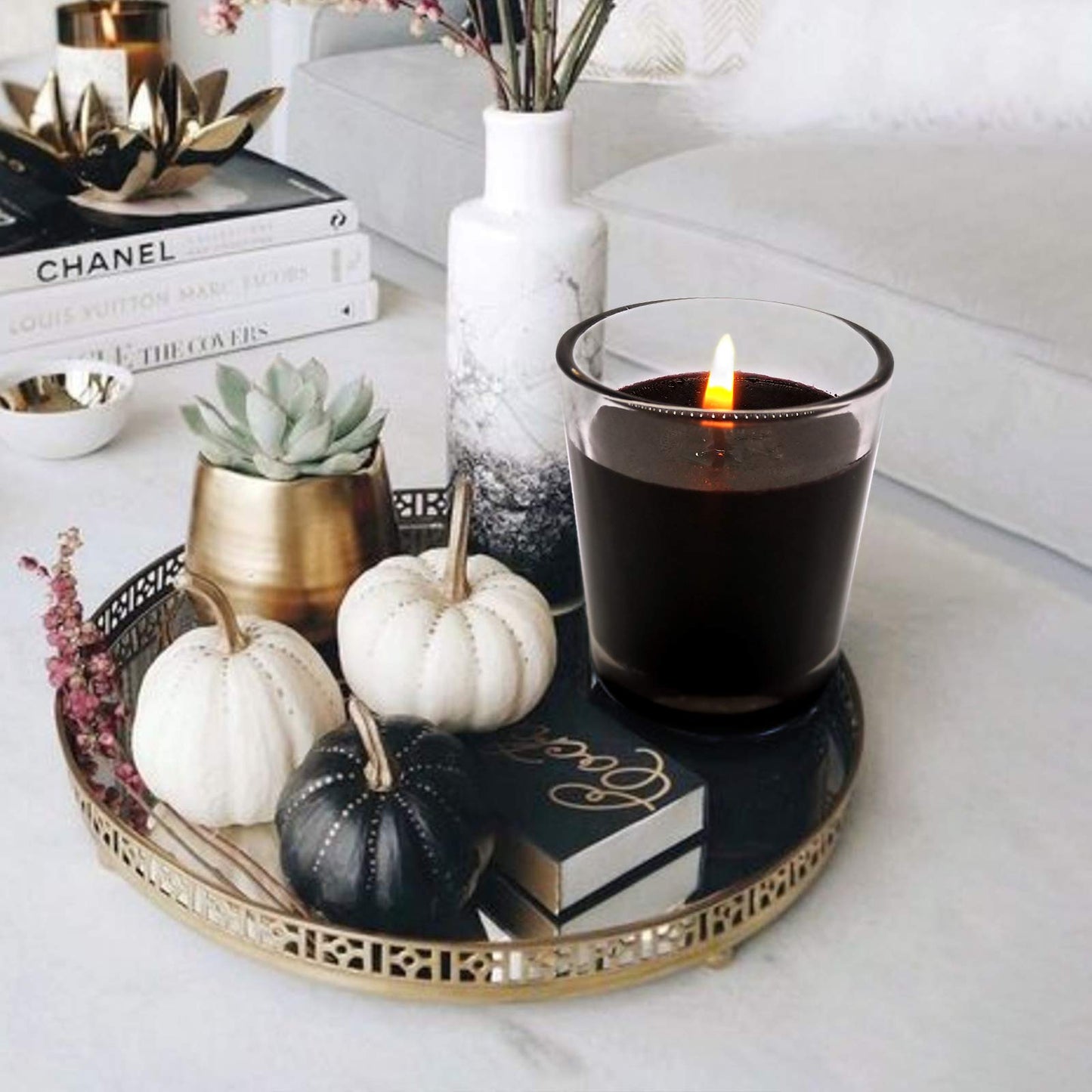 Set of 4 Black Votive Candles for Halloween Pumpkin, Clear Glass Filled Unscented Soy Wax Candle for Dinner, Parties, Home Decorations and DIY