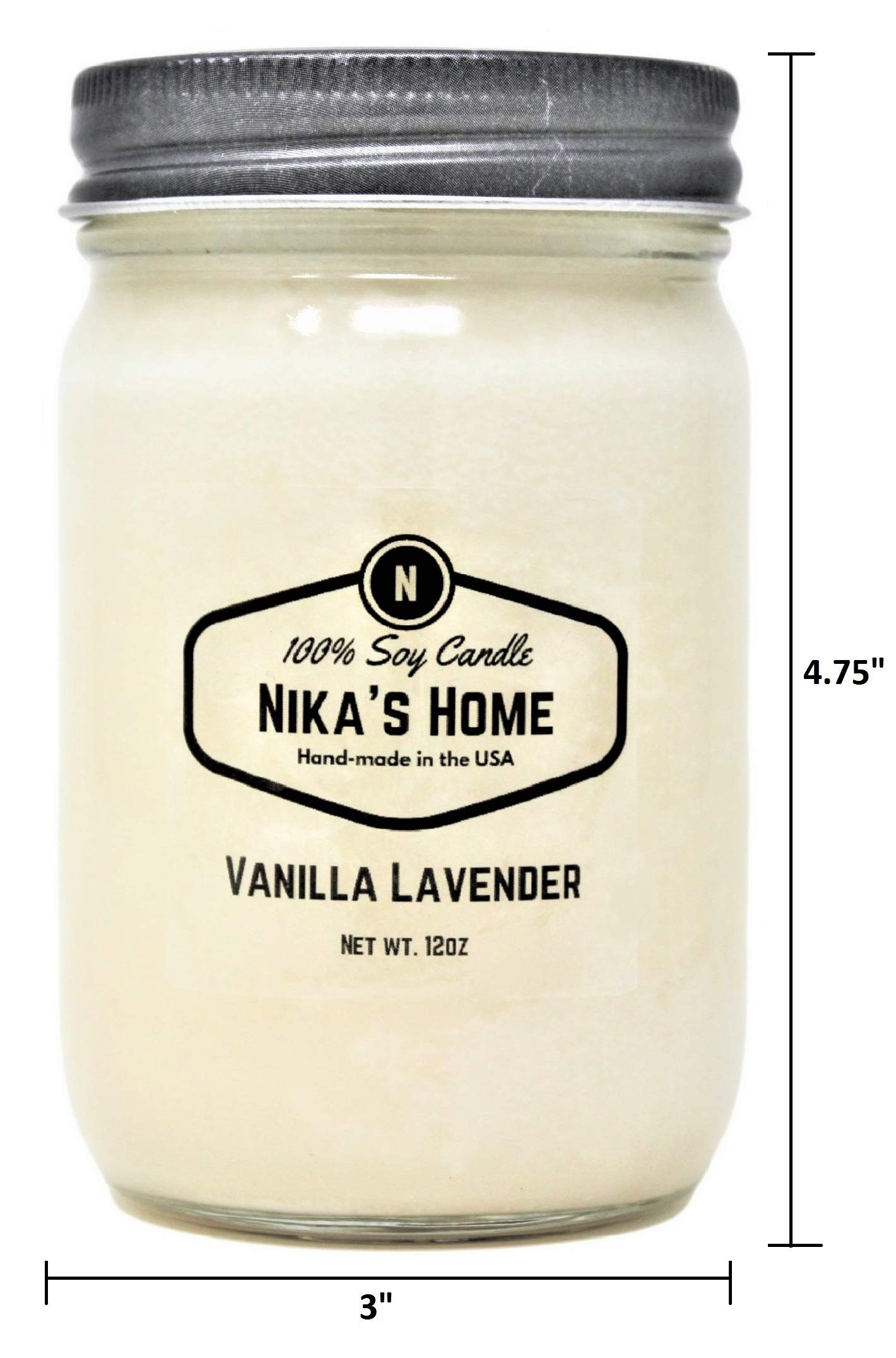 Nika's Home Vanilla Lavender Soy Candle - 12oz Mason Jar - Non-Toxic - Hand Poured in The USA, Long Burning 50-60 Hours Highly Scented All Natural, Clean Burning