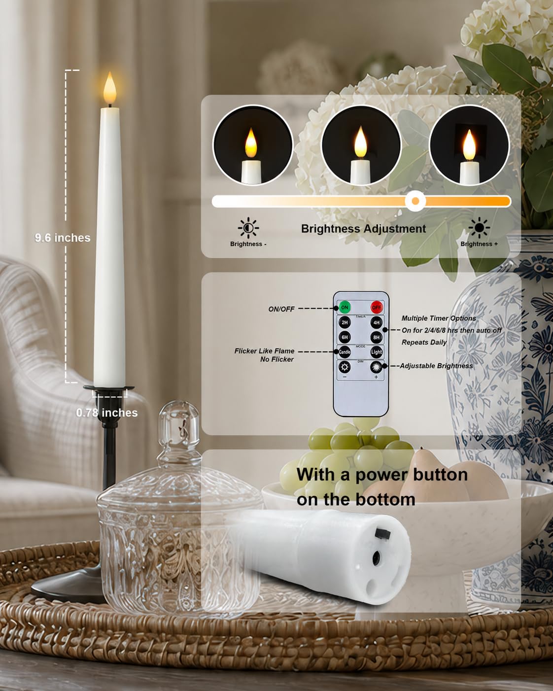 Homemory Rechargeable 9.6 Inches Flameless Taper Candles, Real Waxy LED Candlesticks Flickering, 6 Pcs Battery Operated Candles with Remote and Timer for Home Wedding Christmas Decor, White