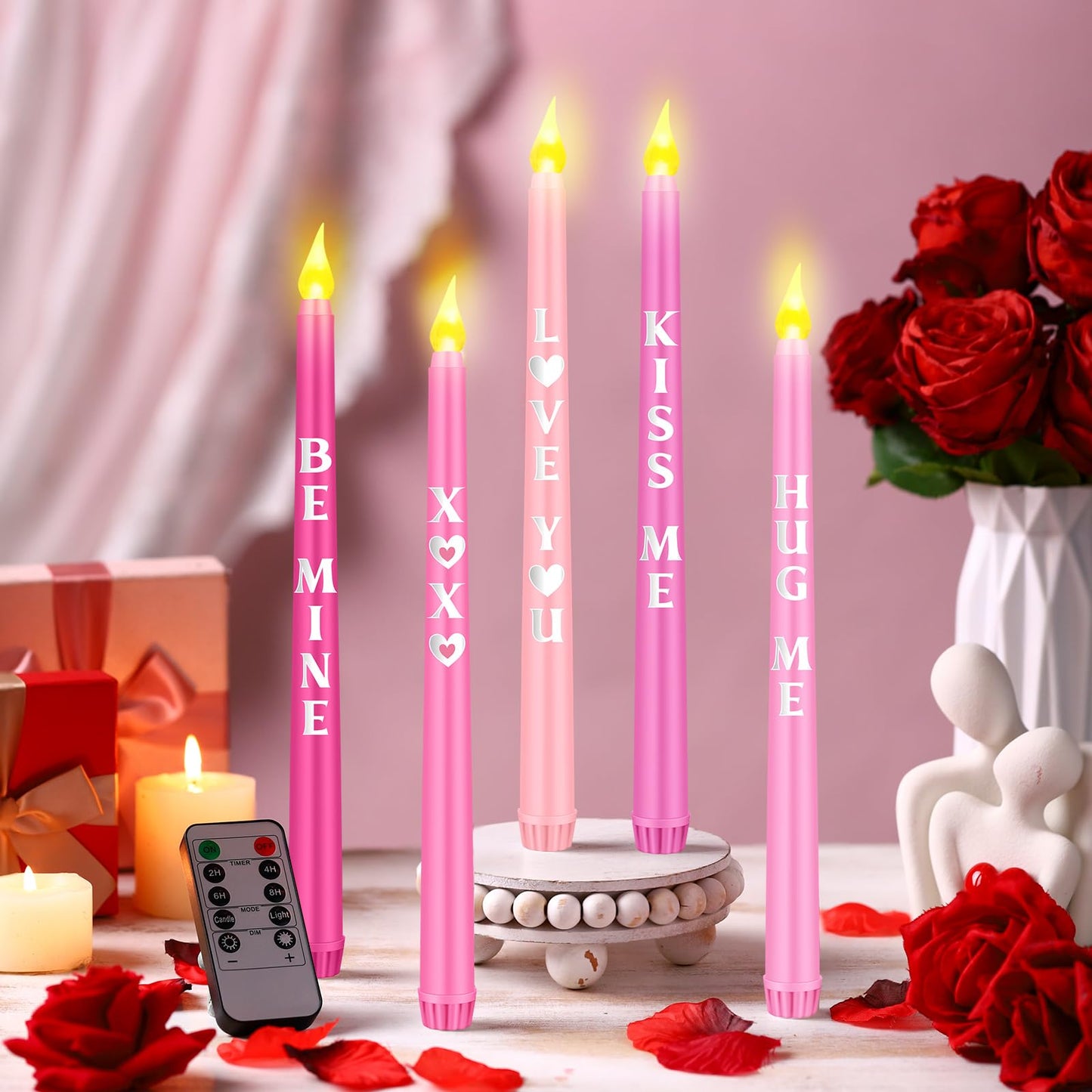 Aurelema 5 Pcs Valentines Day LED Flameless Candle Set Valentine Day Conversation Flameless Taper Candles with Words Battery Operated Seasonal Celebration with Remote for Wedding Romantic Night