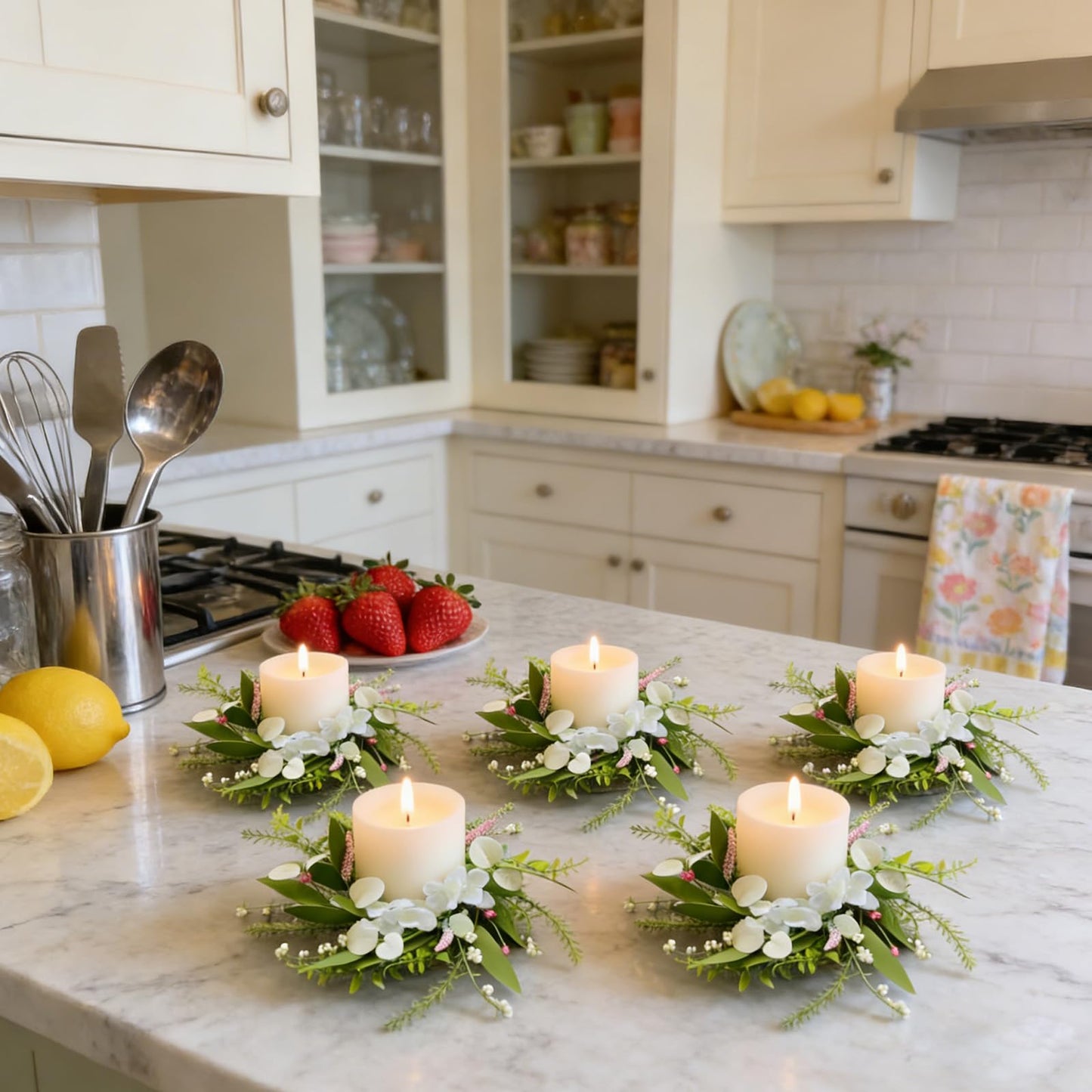6 Pcs Small Spring Summer Candle Ring Wreaths Mini Pillar Candle Holder Wreath with White Hydrangea Flowers and Eucalyptus Leaves Artificial Spring Summer Wreath for Home Kitchen Table Cnterpieces