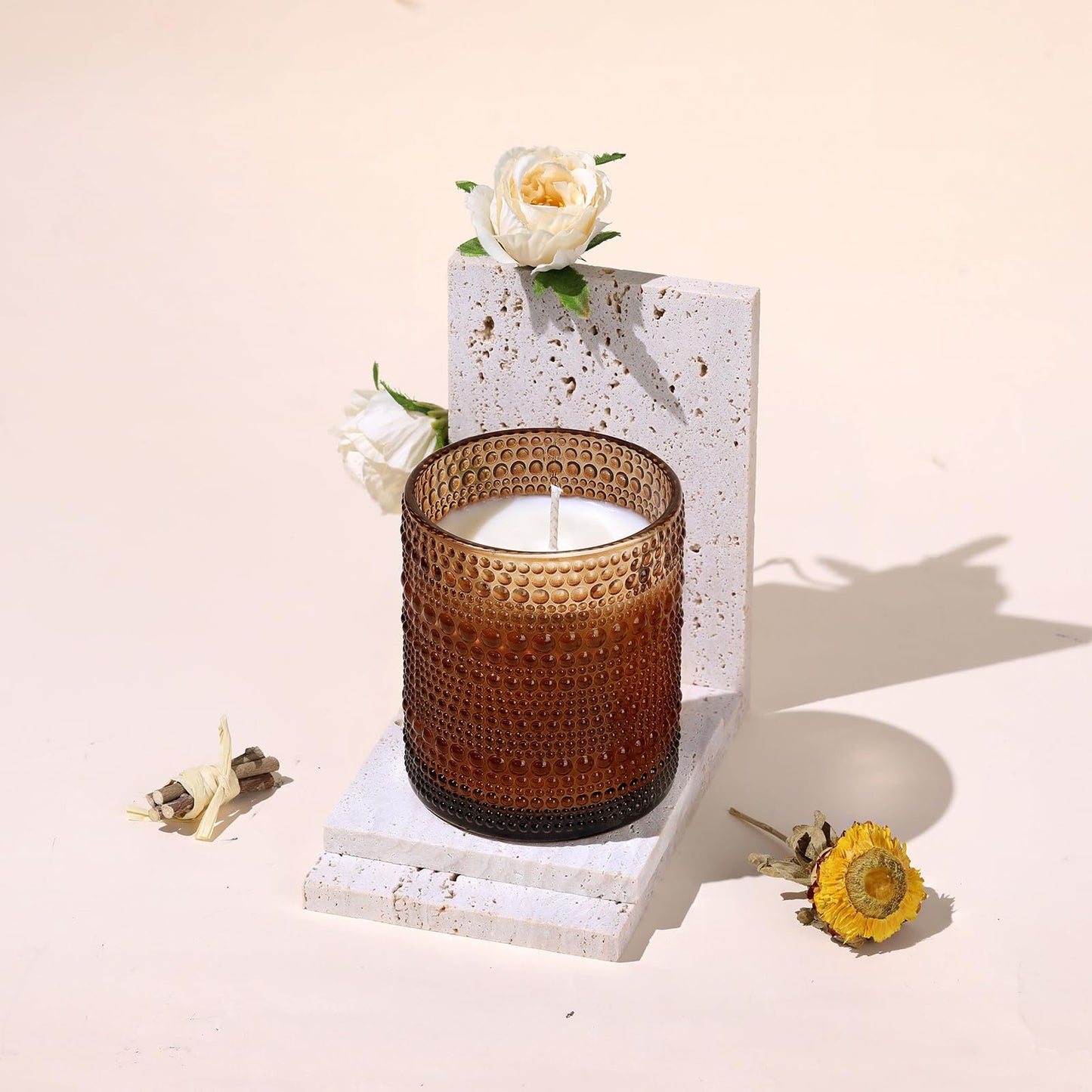 DEVI 14oz Amber Empry Glass Candle Jars for Making Candles (6 Pack), 3 Wick Candle Jars, Bulk Empty Candle Containers, Candle Tins Making Supplies for Gifts, Boho Cristmas Shelf Decor