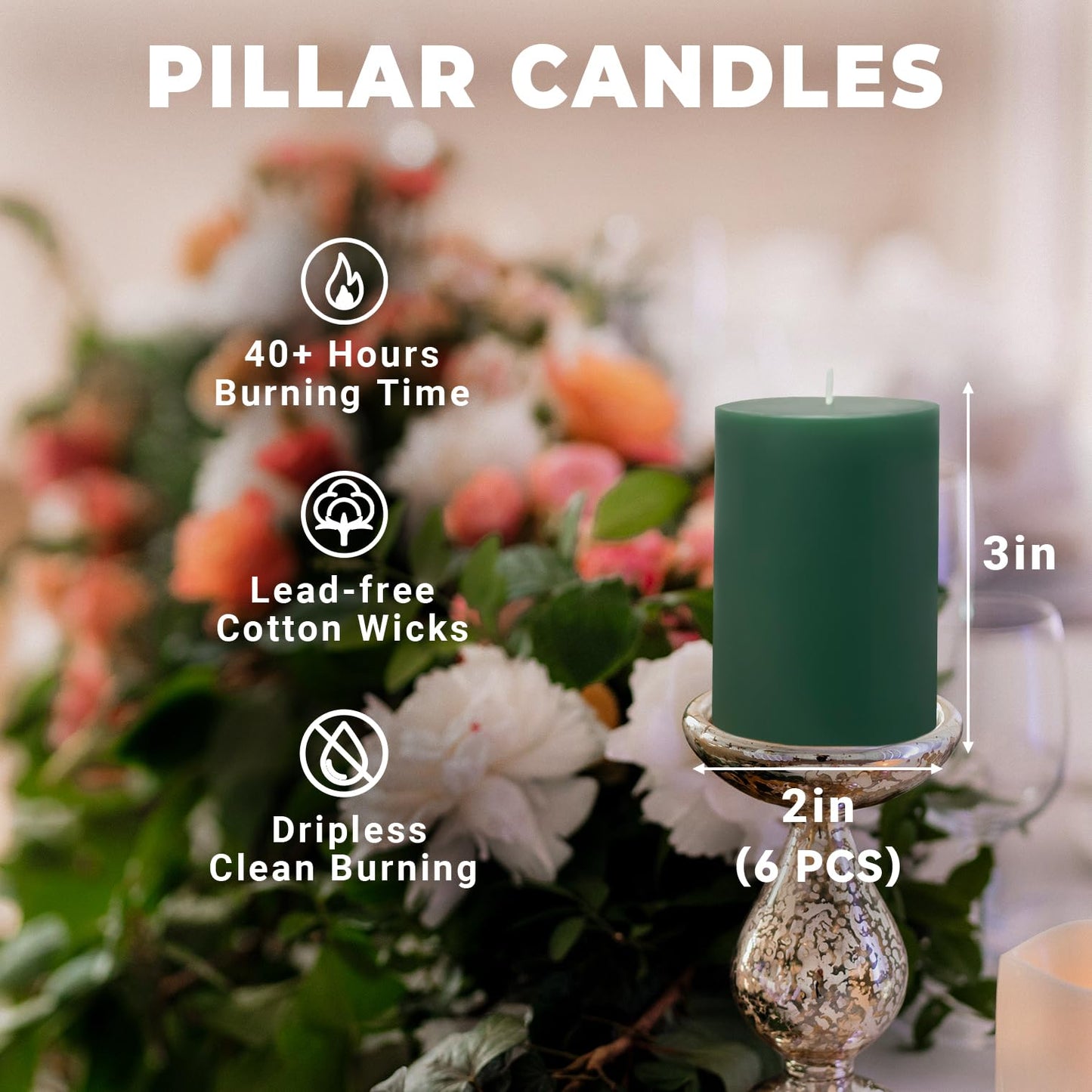 6 Pack 2x3 inch Pillar Candles, Green Unscented Votive Candle for Celebration Home Decoration, Dripless and Long Burning Time