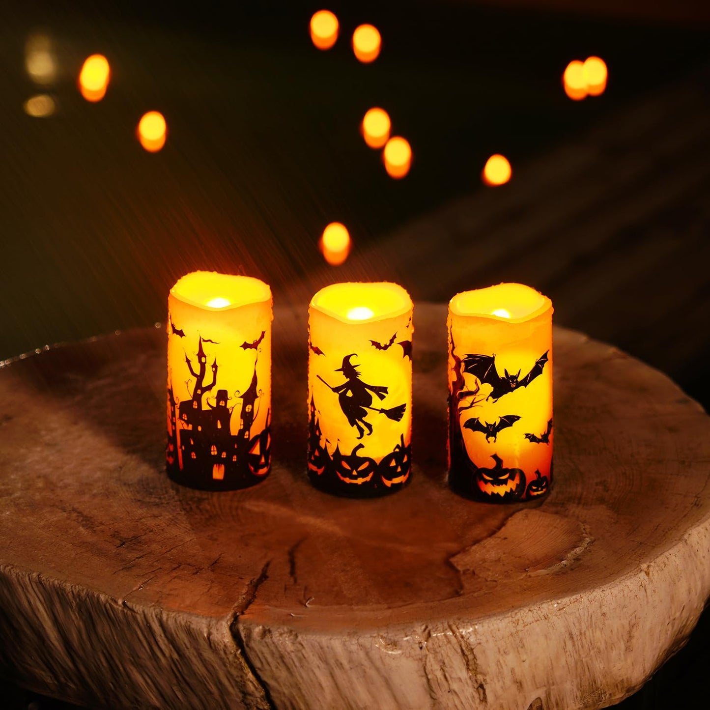 Homemory Halloween Candles, Orange Flameless Candles, Outdoor Waterproof Printed Decals Battery Operated LED Pillar Candles with Remote Timers for Fall Festival Spooky Decor, 3”x6”, Plastic, Set of 3