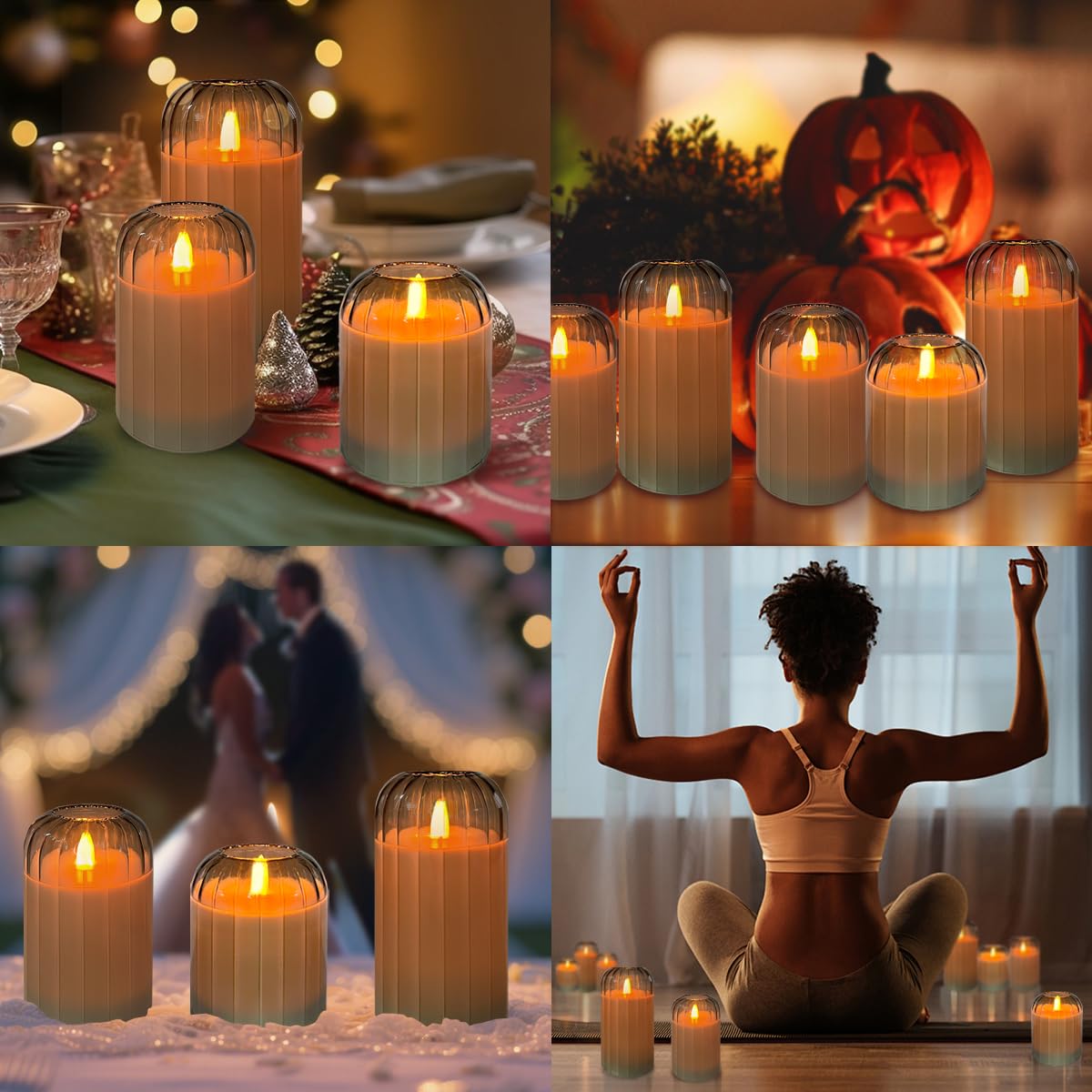 LEDHOLYT Rechargeable Flameless Candle, Flashing LED Pillar Real Wax Candle with Remote Control and Timer, Green Pumpkin Glass Electronic Candles for Room Decoration, 1 Set of 3