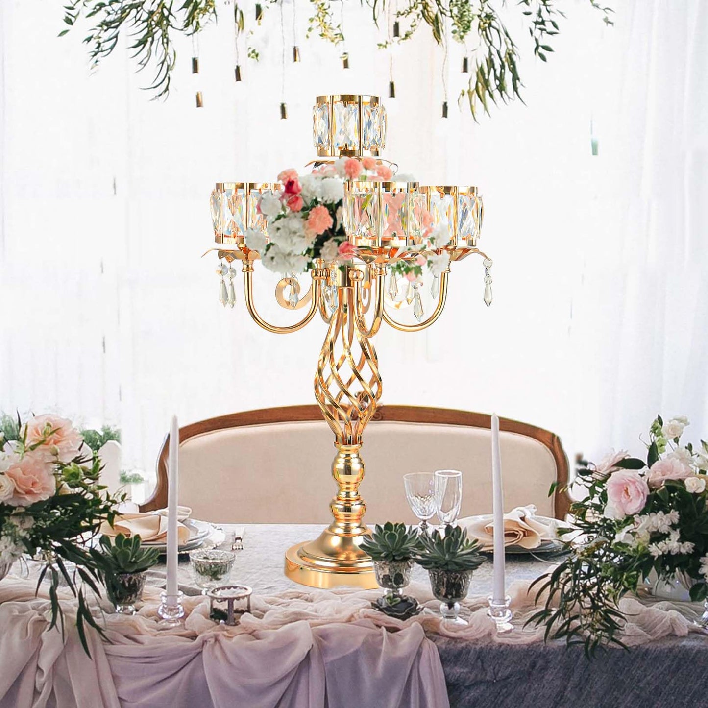 23.2 inch Tall Elegant and Chic 5 Arm Pendant Crystal Candlestick Holder Table Decoration tealight Candle Holder, Candelabra for Gorgeous Wedding/Parties Table Centerpiece (1, Gold)