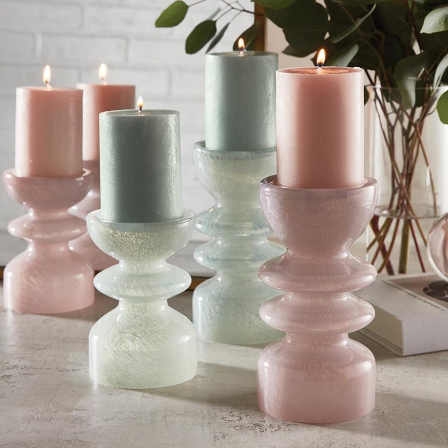 47th & Main Pillar Candle Holder Glass Pedestal Candleholder, 4" Dia x 6" H, Green