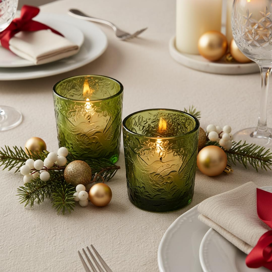 12 Pack Hummingbird Embossed Glass Candle Holders – Votive Tealight Holders with Patent Design, Decorative Embossed Glass Cups for Wedding Centerpieces, Parties, and Home Décor (Moss Green)