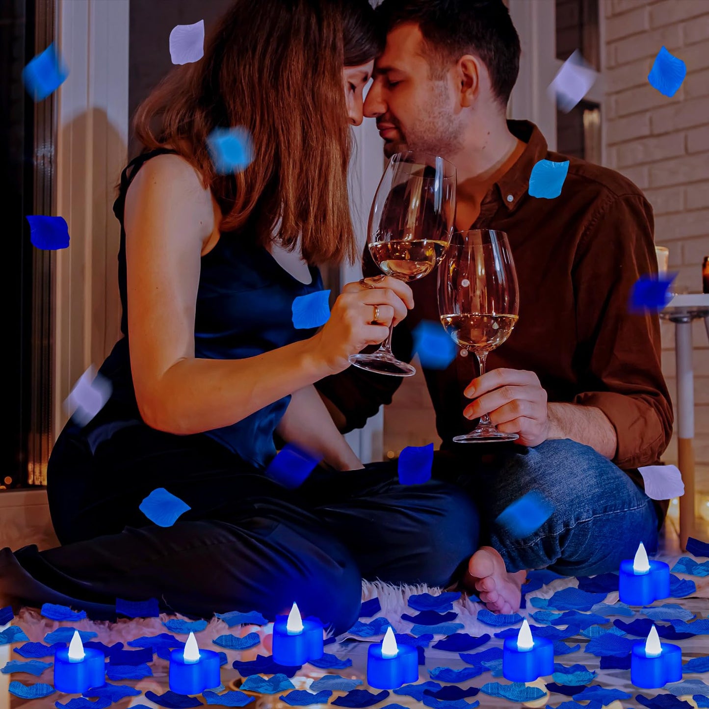 Coume 6000 Pieces Artificial Rose Petal 72 Pieces LED Tealights Candle, Romantic Decorations Special Night Rose Petal Heart Candle for Valentines Wedding Anniversary Proposal Decor(Cute Blue Light)