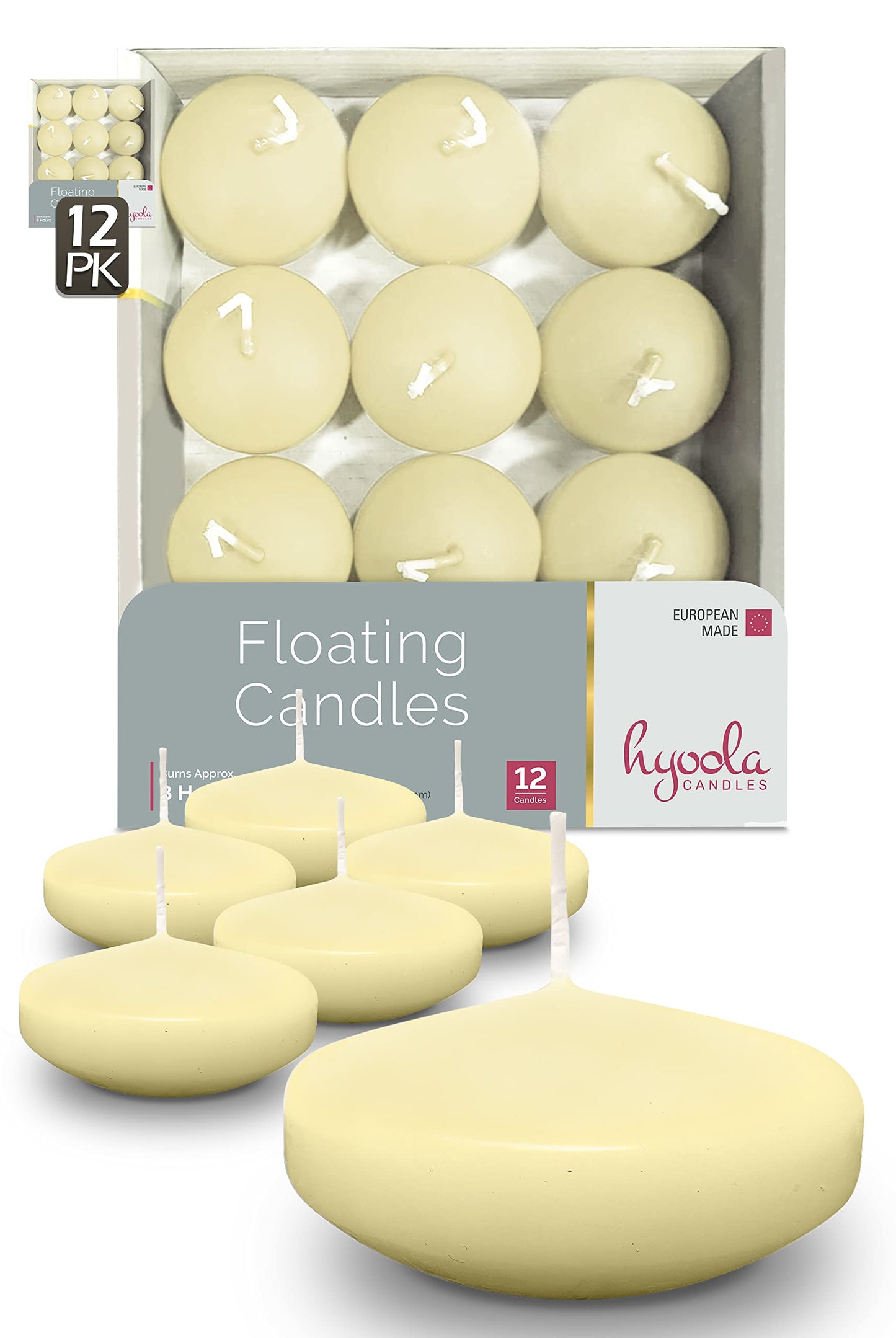 Hyoola Premium Ivory Floating Candles 3 Inch - 8 Hour - 12 Pack - European Made