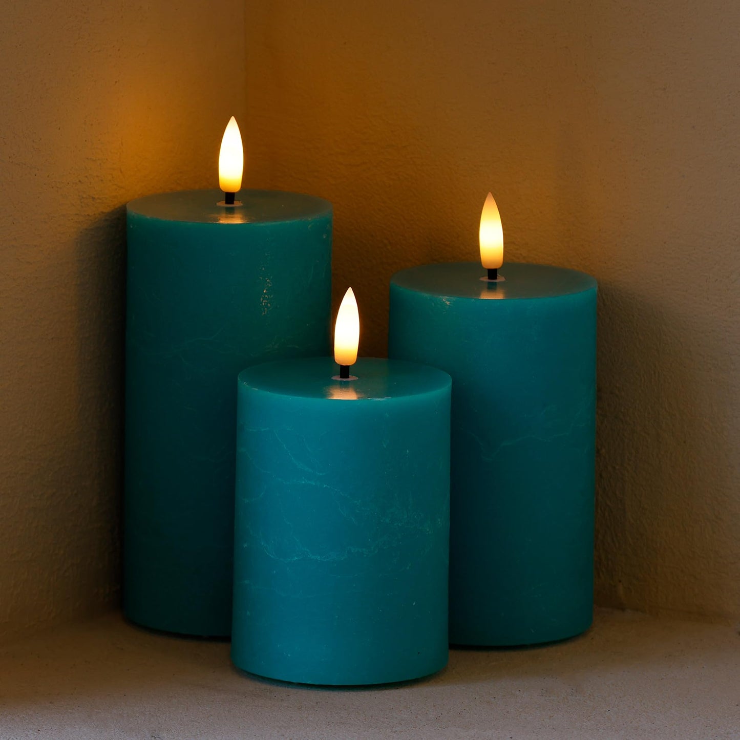 AFINETH Teal Flameless Candles, Real Wax Battery Operated Candles with Remote, Flat Top Flickering LED Pillar Candles for Home Party Wedding Holiday Decor, Set of 3 (H 4" 5" 6" x D3)
