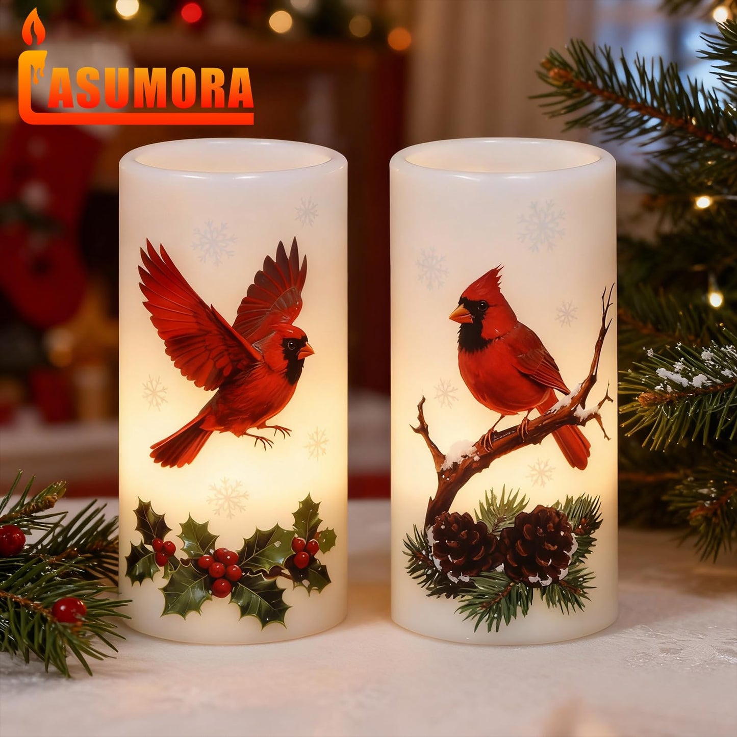 Lasumora Christmas Cardinal Flameless Pillar Candles with Remote Timer, LED Candles in Real Wax Holder, Battery Operated Candle for Christmas Décor Indoor Xmas Gifts(2 Pack, 3” x 6”)