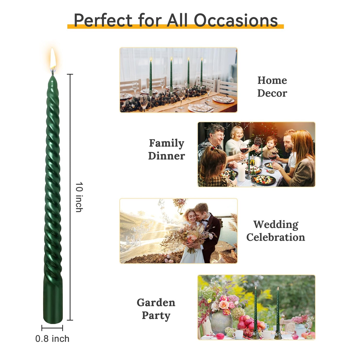 10 Inch Green Spiral Taper Candles Set for Christmas and Spring, Unscented Dripelss Candlesticks for St. Patrick's Day Holiday Party Decoration