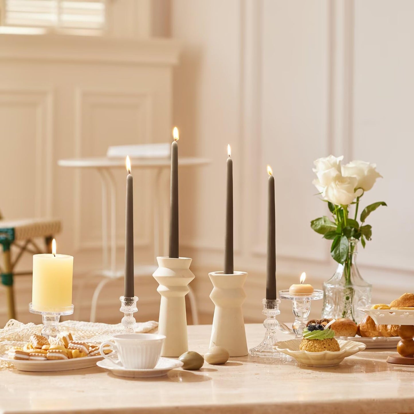 Pickood 12-Inch Tall Dripless Taper Candles Set of 4 - Taupe Tapered Candles, Perfect for Spring - Smokeless, Unscented, Long Burning - Hand Poured, Colored Tall Candlesticks - Gray