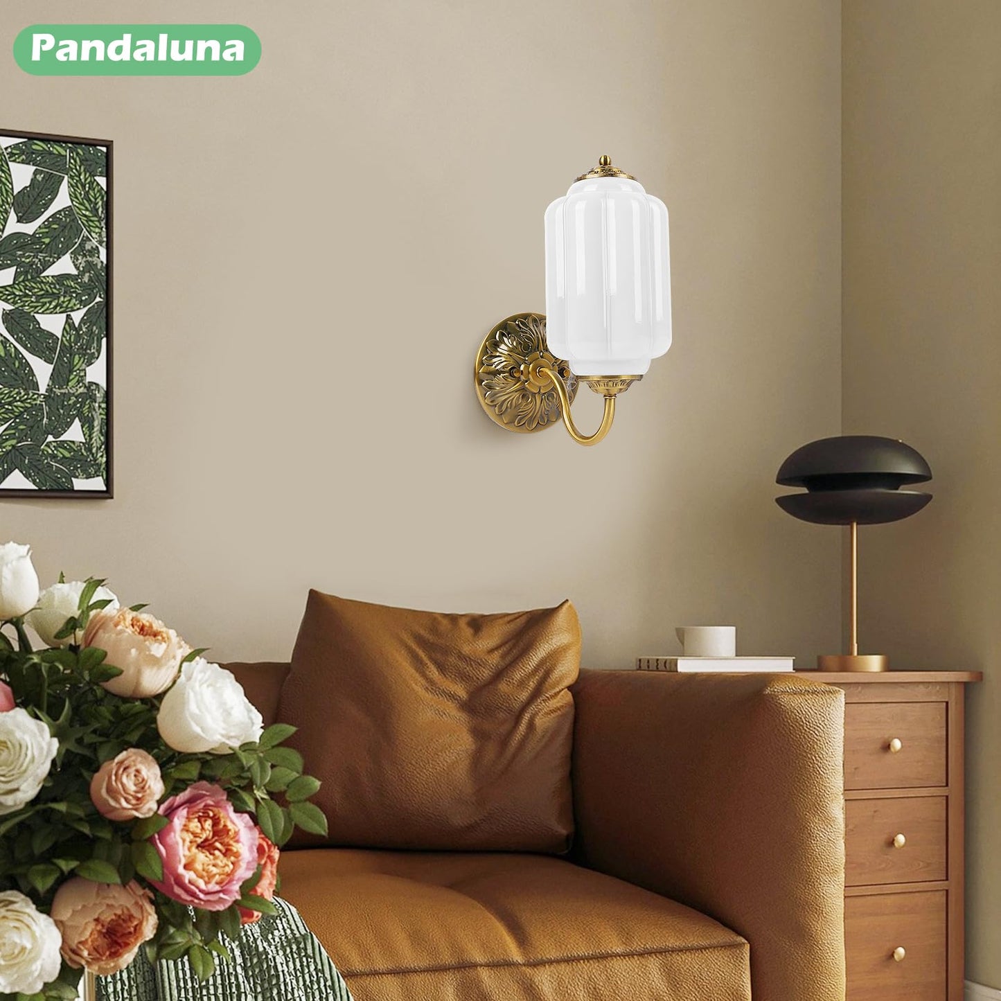 Pandaluna Vintage Wall Sconce, White Milk Glass Light Fixture, 5.5In Art Deco Antique Wall Sconce for Bedroom Bathroom Living Room Hallway Entryway, E12 LED Bulb Included, Antique Gold & White 2 Pack