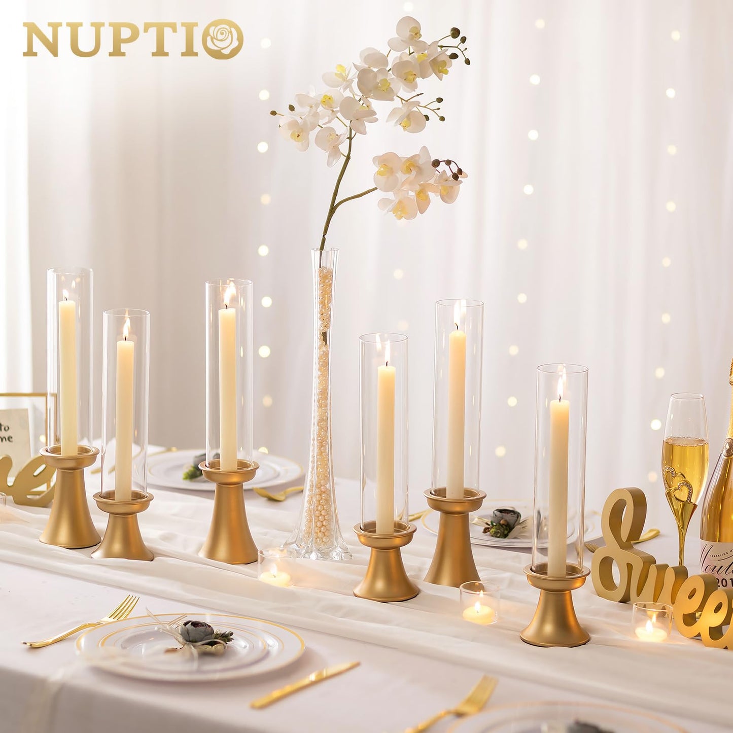 NUPTIO Gold Candlestick Holder for Centerpiece: Set of 6 Hurricane Taper Candle Holders with Glass Cylinder Sleeve - Bulk Brass Candles Stand for Thanksgiving Christmas Holiday Party Decor
