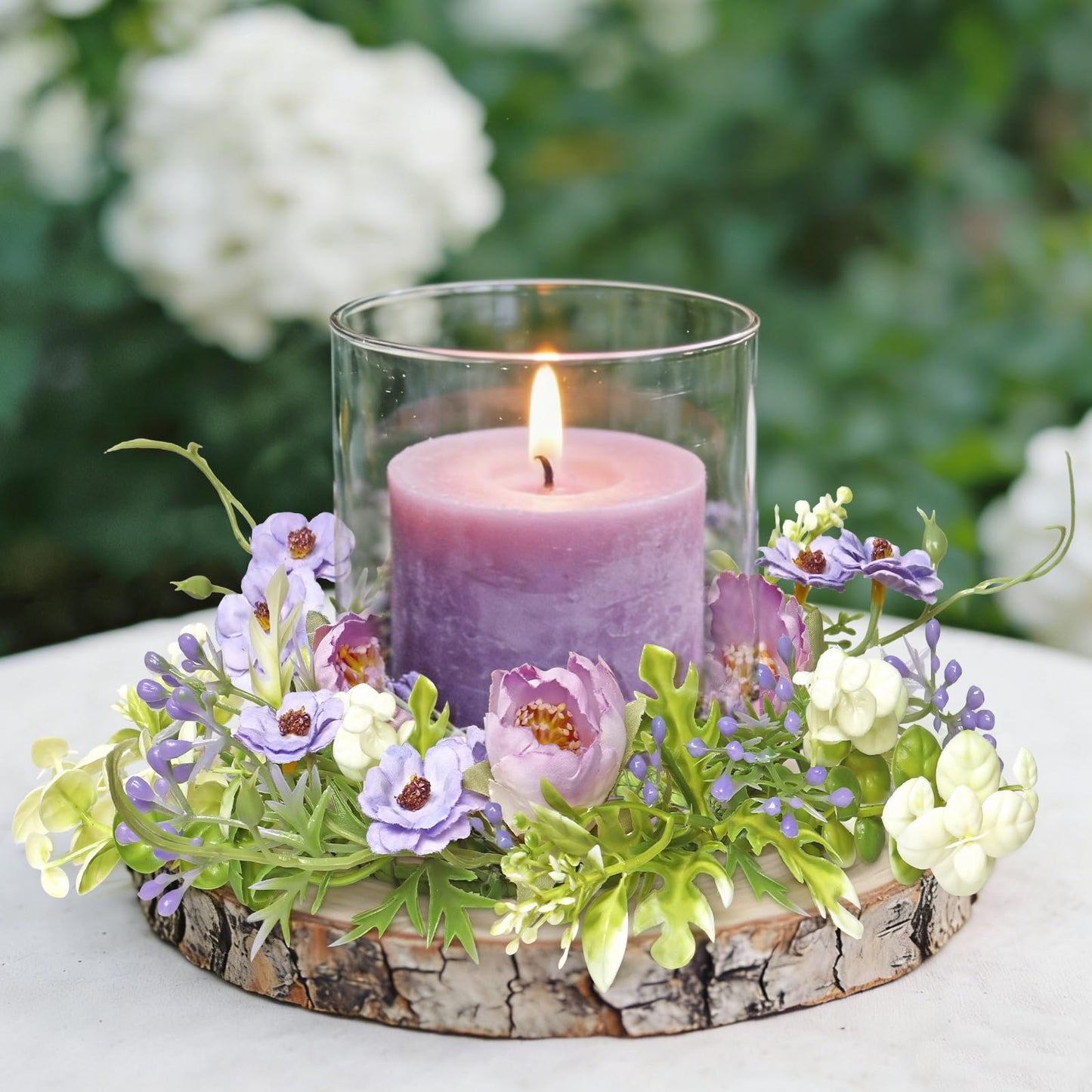KHOYIME Floral Candle Rings Wreath 4PCS Small Spring Summer Purple Artificial Flowers Greenery Wreaths for Pillars, Mini Candle Holder Kitchen Cabinets Table Centerpieces Wedding Party Farmhouse Decor