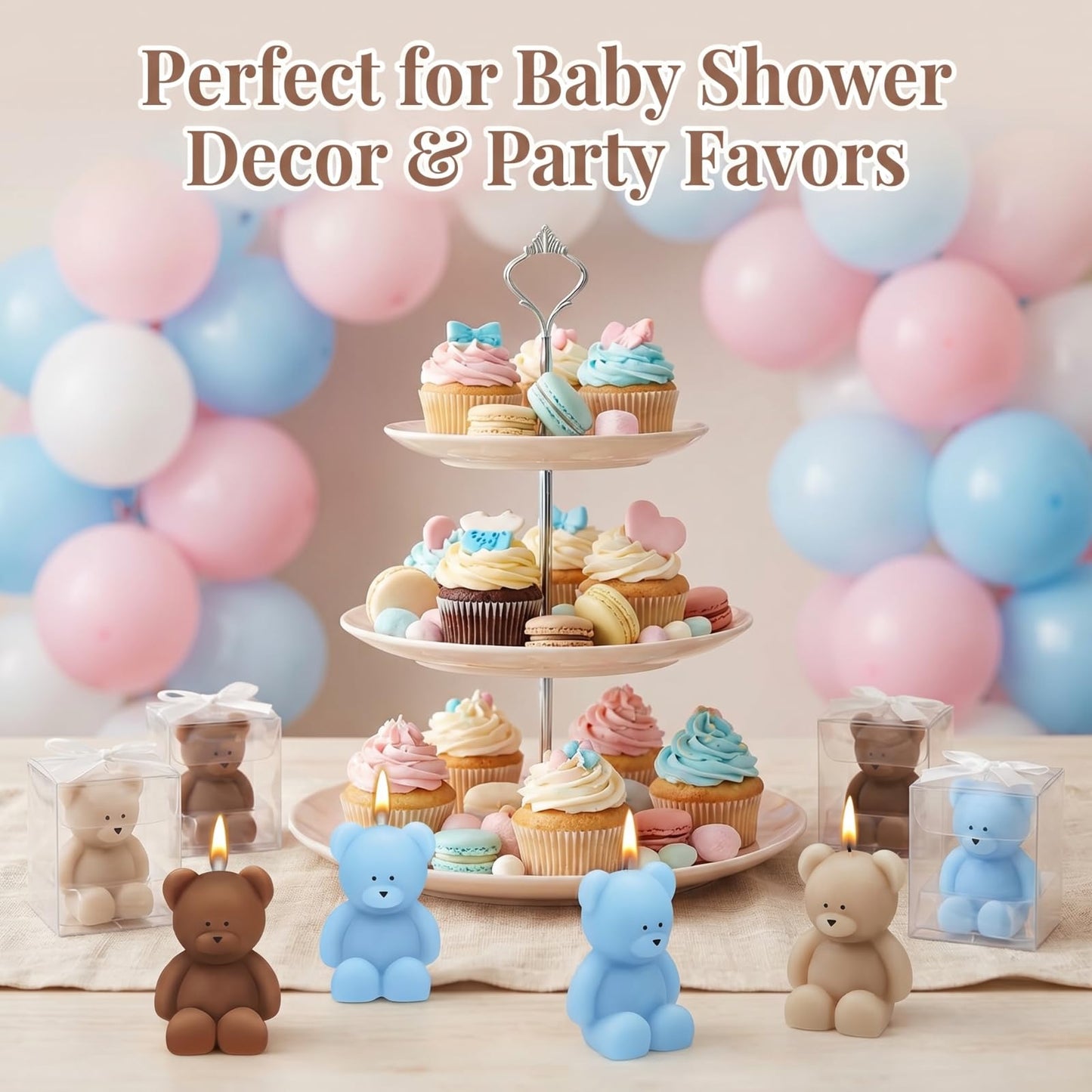 Dansib 50 Pcs Bear Baby Shower Candle Favors for Guest Bear Party Favors Baby Shower Candles Bulk for Gifts Party Decorations (Light Brown,Dark Brown,Blue)