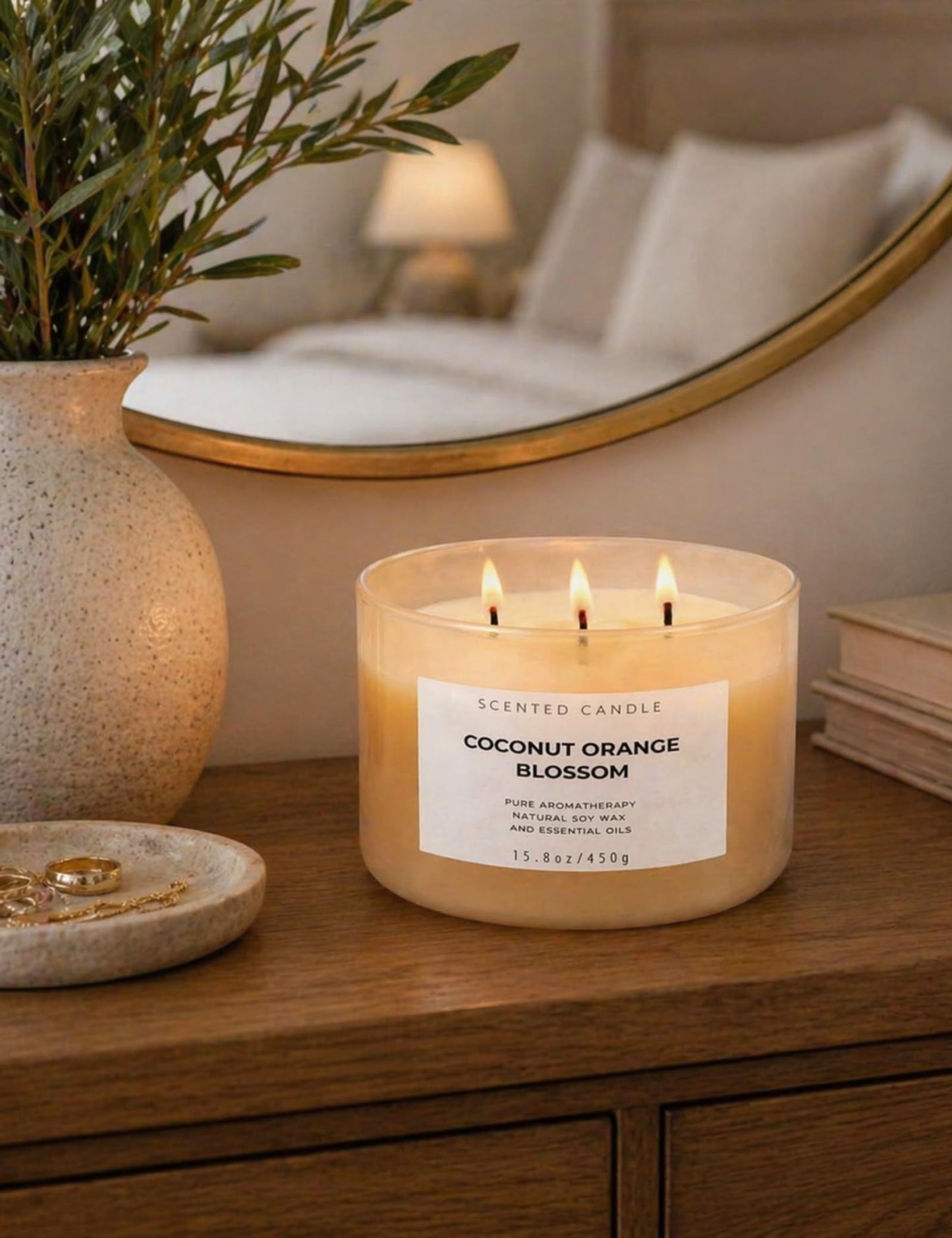 Coconut Orange Blossom Candle | 3-Wick Large Soy Candle 15.8 oz | Creamy Tropical Citrus Floral Scented Candles for Home | Strong Throw, Clean Burn Long Lasting | Aromatherapy Gift for Women
