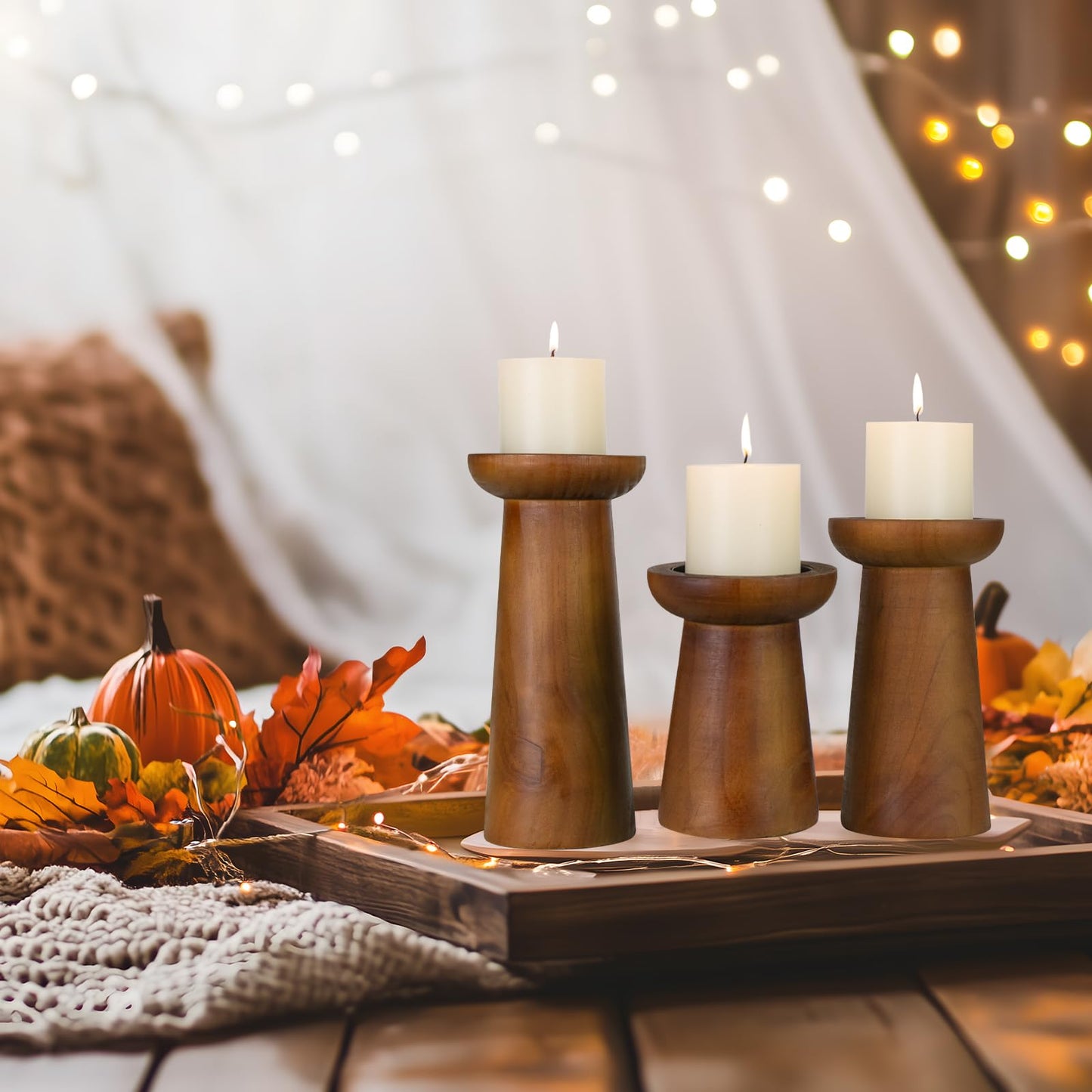 Pillar Candle Holders Set of 3, Wooden Candle Holders, Decorative Wood Candlestick Holders for Living Room, Table Centerpiece for Wedding, Christmas, Party, Home - 6", 8", 10"
