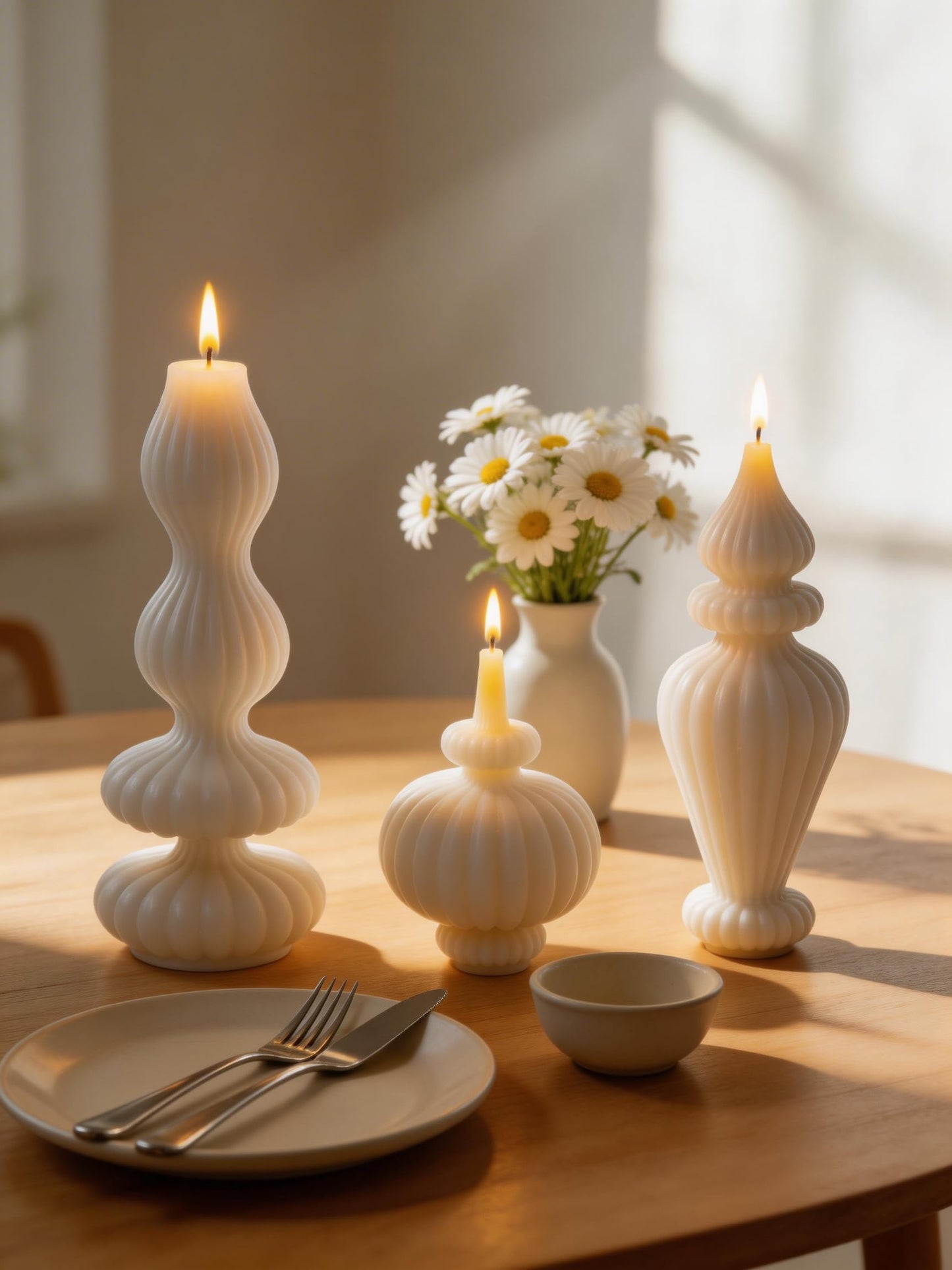Ribbed Pillar Candles Set of 3,Modern Aesthetic Decorative Candle Set Cute Soy Wax Scented Ribbed Decor for Home Bathroom Living Room,White