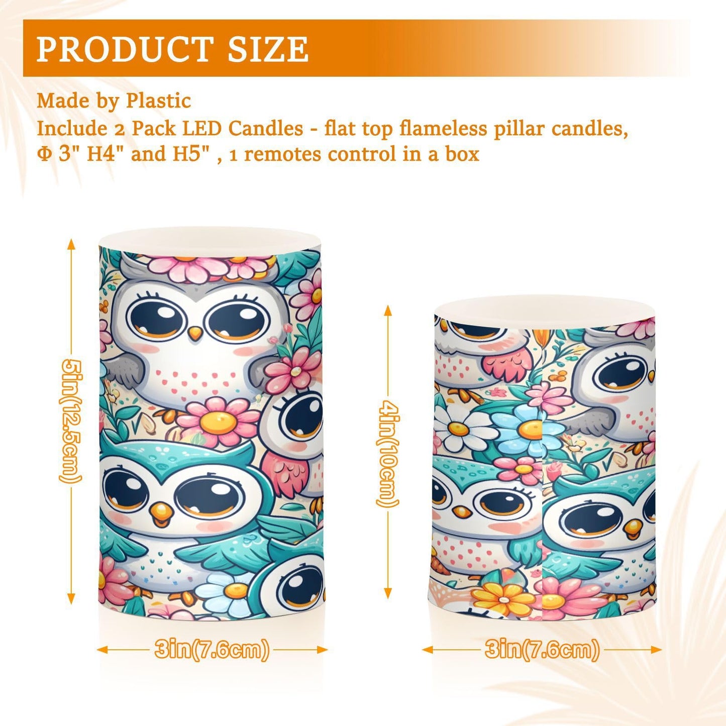 ALAZA Little Cute Owl Flowers Flameless Candles, LED Pillar Candles with Remote Timer, Battery Operated Candles Set of 2