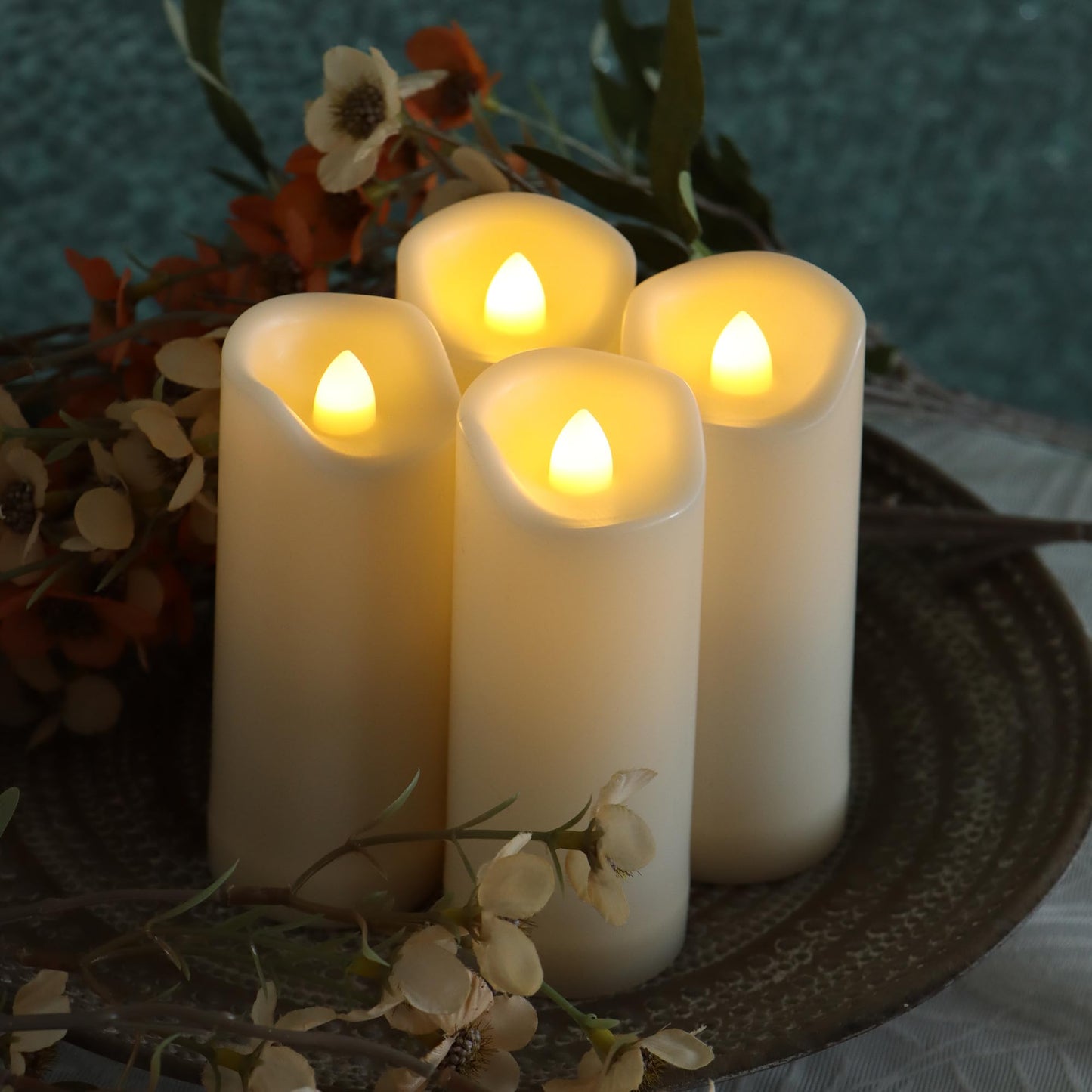 4 Pack Battery Operated Candles 2"x4"/5"/6"/7" Plastic Flickering LED Flameless Candles with Timer Outdoor Waterproof Wedding Party Halloween Christmas Decoration Realistic Slim Tall Pillar Candles