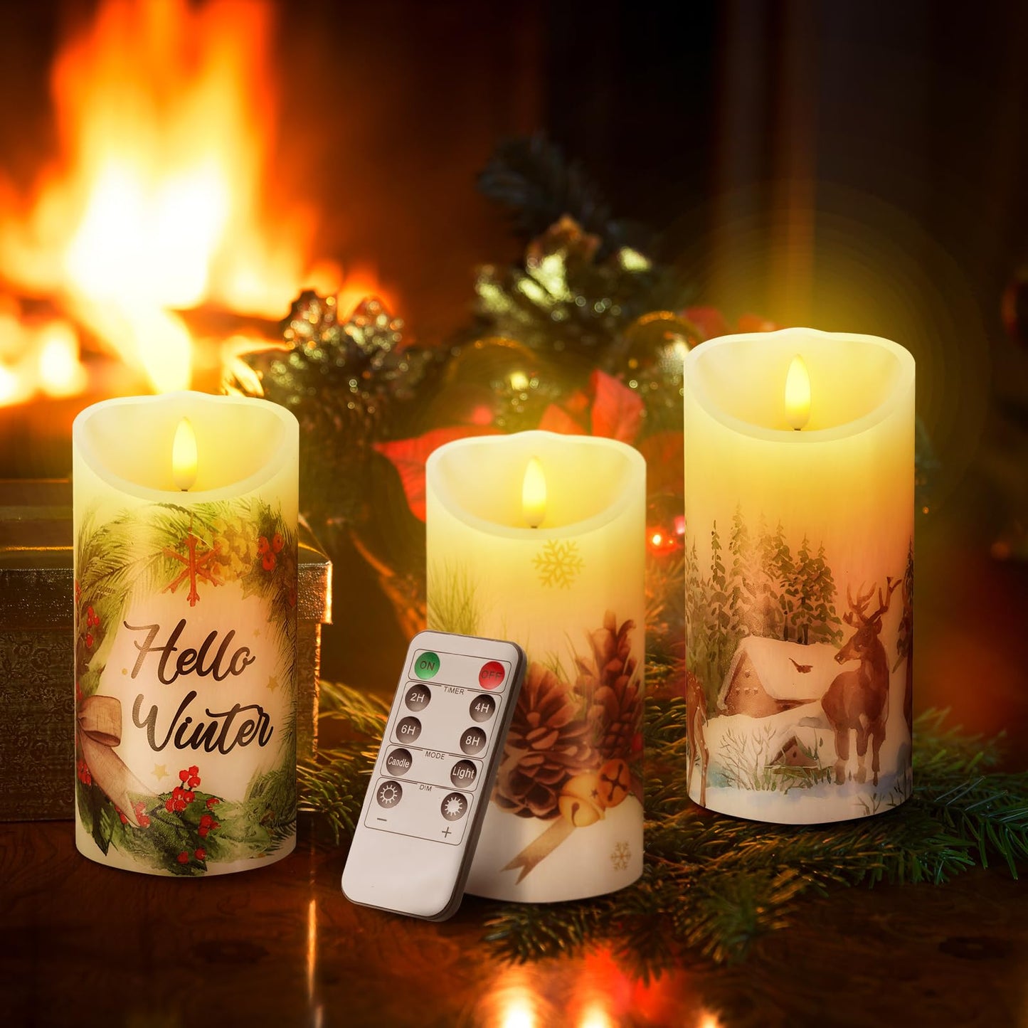 ROCEEI 3 Pcs Winter Forest Candles Battery Operated LED Candles Winter Forest Style Pillar Flickering Real Wax Decorations for Indoor Holiday Party Table Decor