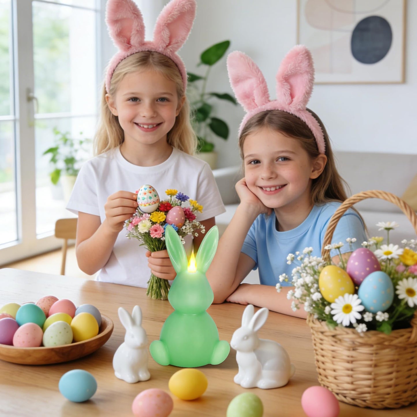 Leorate Green Easter Bunny Flameless Candle,Real Wax Carved LED Candle,Scented Bunny Shape Flame Candle Set for Home Living Room Bedroom Party Decoration Centerpiece Table Home Decor