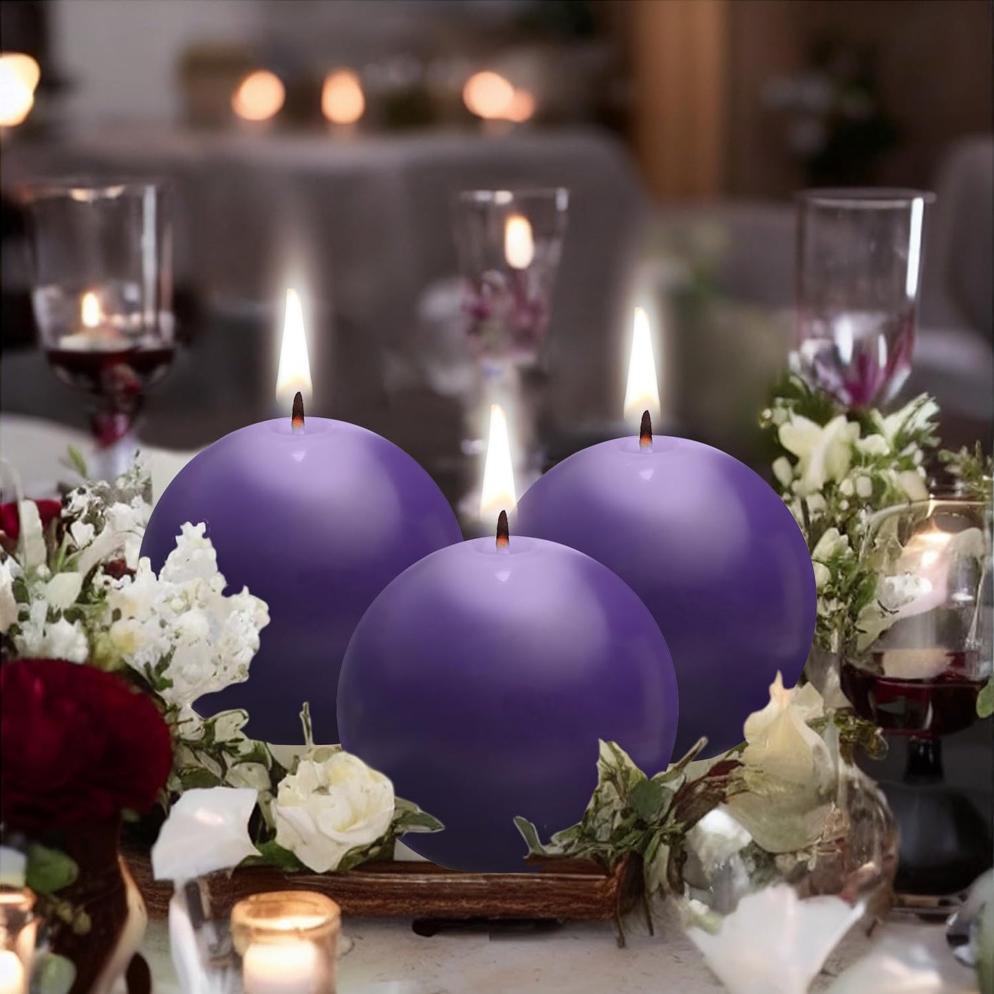 Ball Pillar Candles Set of 3 Purple 3Inch Unscented Handpoured Weddings, Home Decoration, (75 Hour)