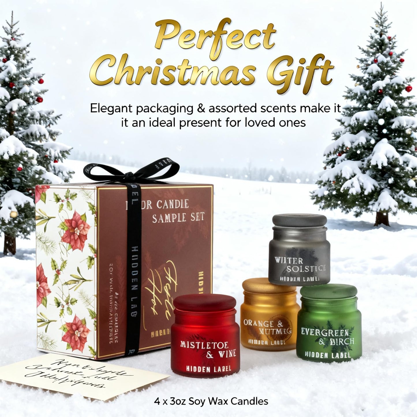 Christmas Candle Set, 4 Pack Holiday Candle Gifts, Natural Candles Non Toxic with Holiday Scents, Xmas Gift for Women, Scents of Christmas Mistletoe Wine,Winter Solstice,Evergreen Birch,Orange Nutmeg