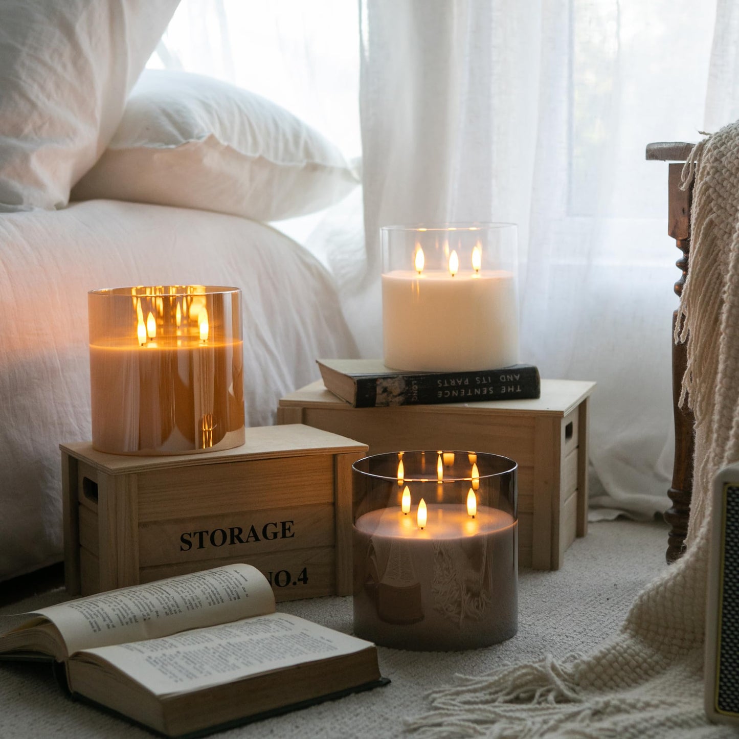 AFINETH Extra Large Flameless Candles with 3 Wicks, 6"x6" Glass Battery Operated Candles with Remote, Real Wax Flickering LED Candles Fake Candle for Home, Wedding, Party, Gray