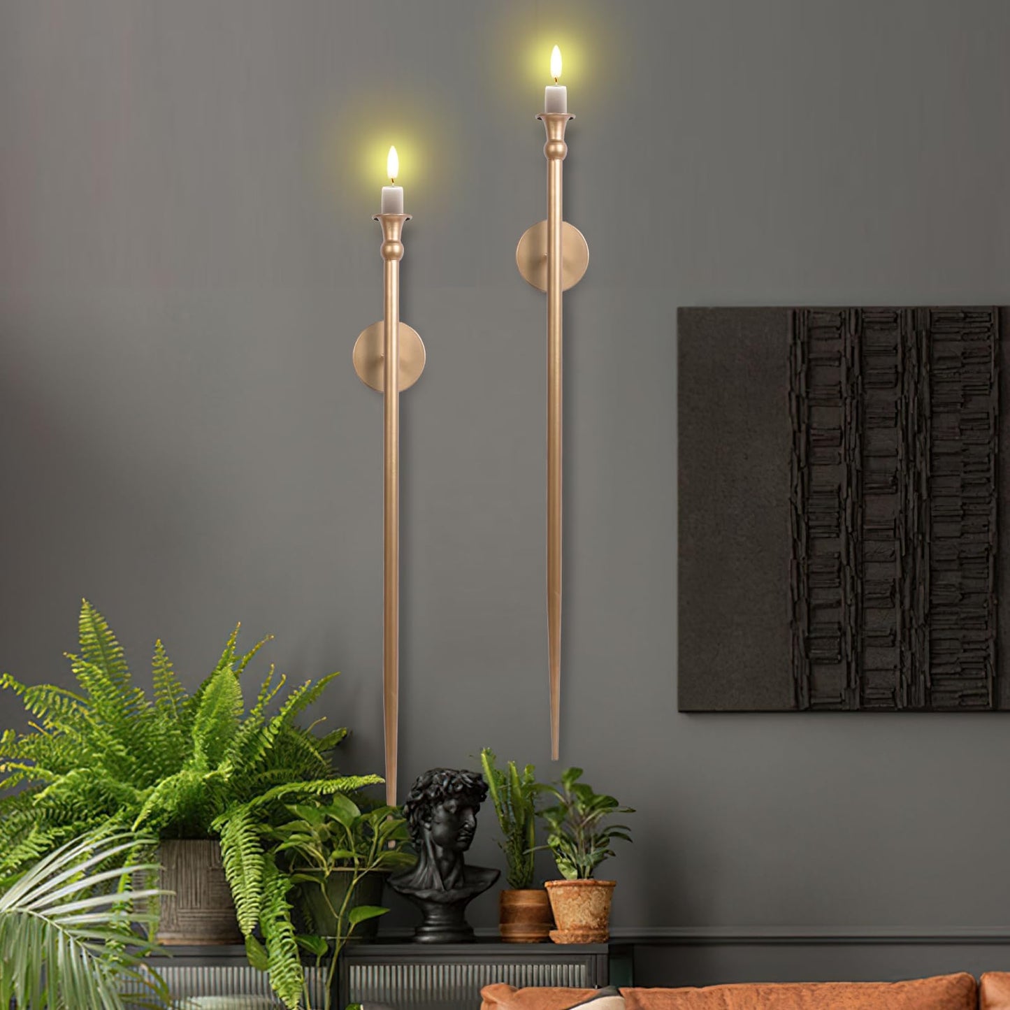 Candle Sconces Long Wall Candle Holder - 33" H Set of 2 Gold Long Wall Candle Sconce Retro Chic Wall Sconces Candle Holder Decoration for Dining Room, Living Room, Office, Bathroom