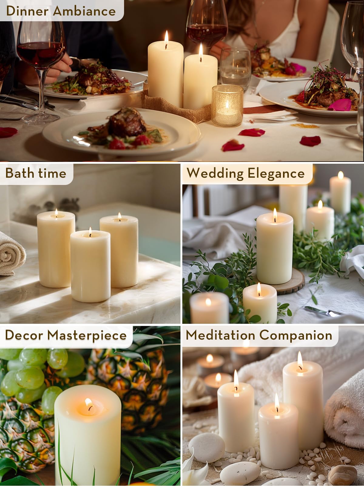 Ashlux 3x6 Inch Ivory Pillar Candles, Set of 6 Wax, 70 Hours Long Burning, Unscented and Dripless Pillar Candles Bulk for Christmas Lights, Wedding, Parties, Spas, Home Decorative