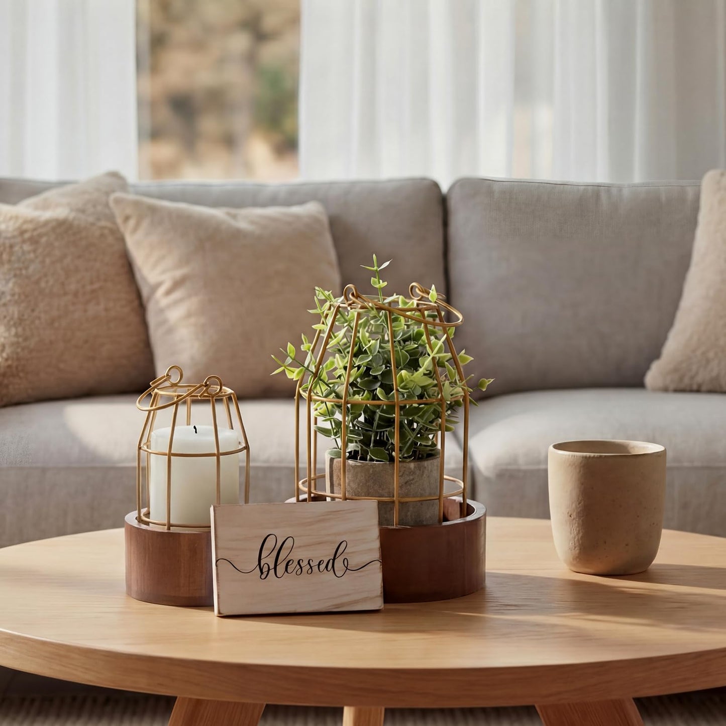 Mumufy Modern Rustic Farmhouse Candle Lantern Set of 5 (Candles are Not Included), Decorative Lanterns for Living Room Table Centerpieces Fireplace Mantle Modern Home Decor(Small,Gold, Burlywood)