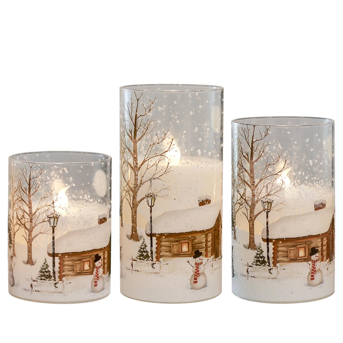 Lasumora Snowman Glass Flameless Candles with Remote Timer, Real Wax LED Pillar Candles Flickering, Battery Operated 3D Wick Candles for Home Décor Christmas Gifts (Pack of 3, D3” x H 4” 5” 6”)