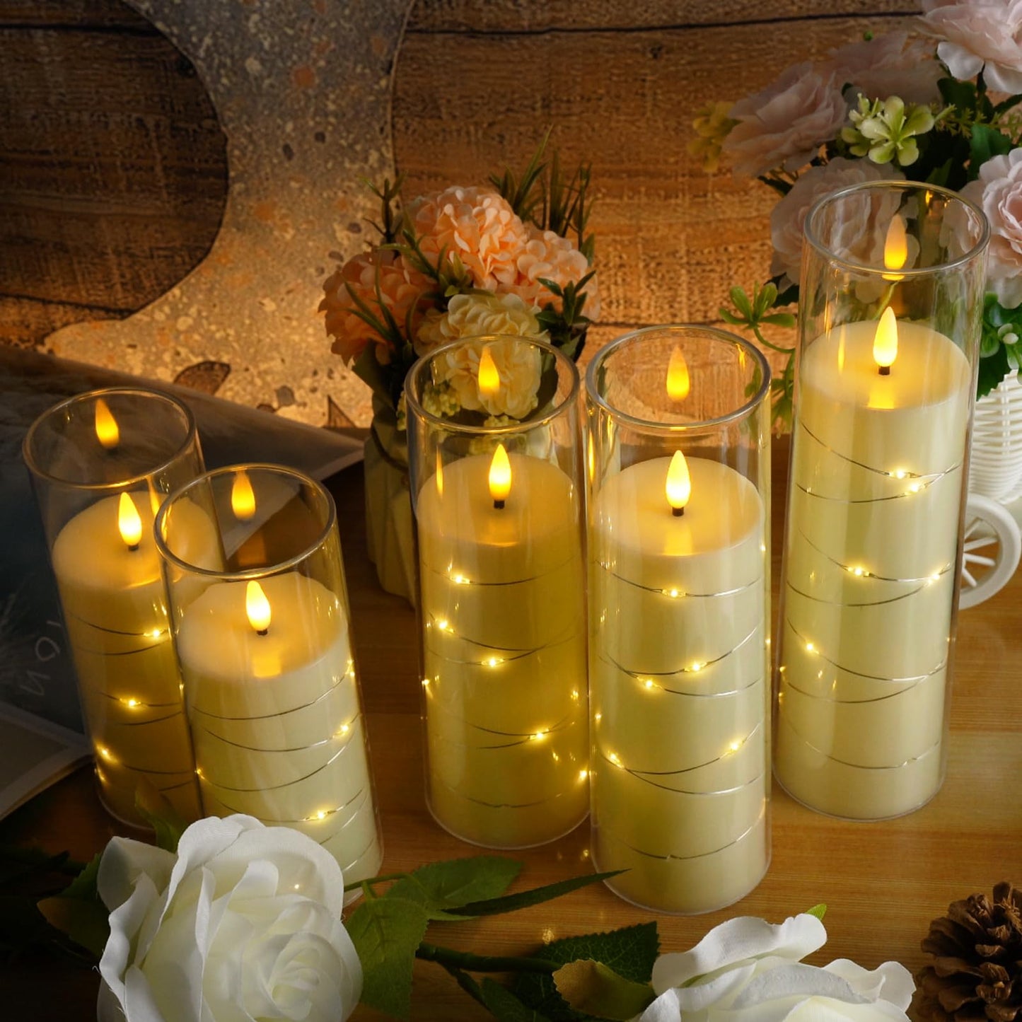 kakoya Flameless LED Candles with Timer 5 Pc Flickering Flameless Candles for Romantic Ambiance and Home Decoration Stable Acrylic Shell,with Embedded Star String,Battery Operated Candles(Ivory)