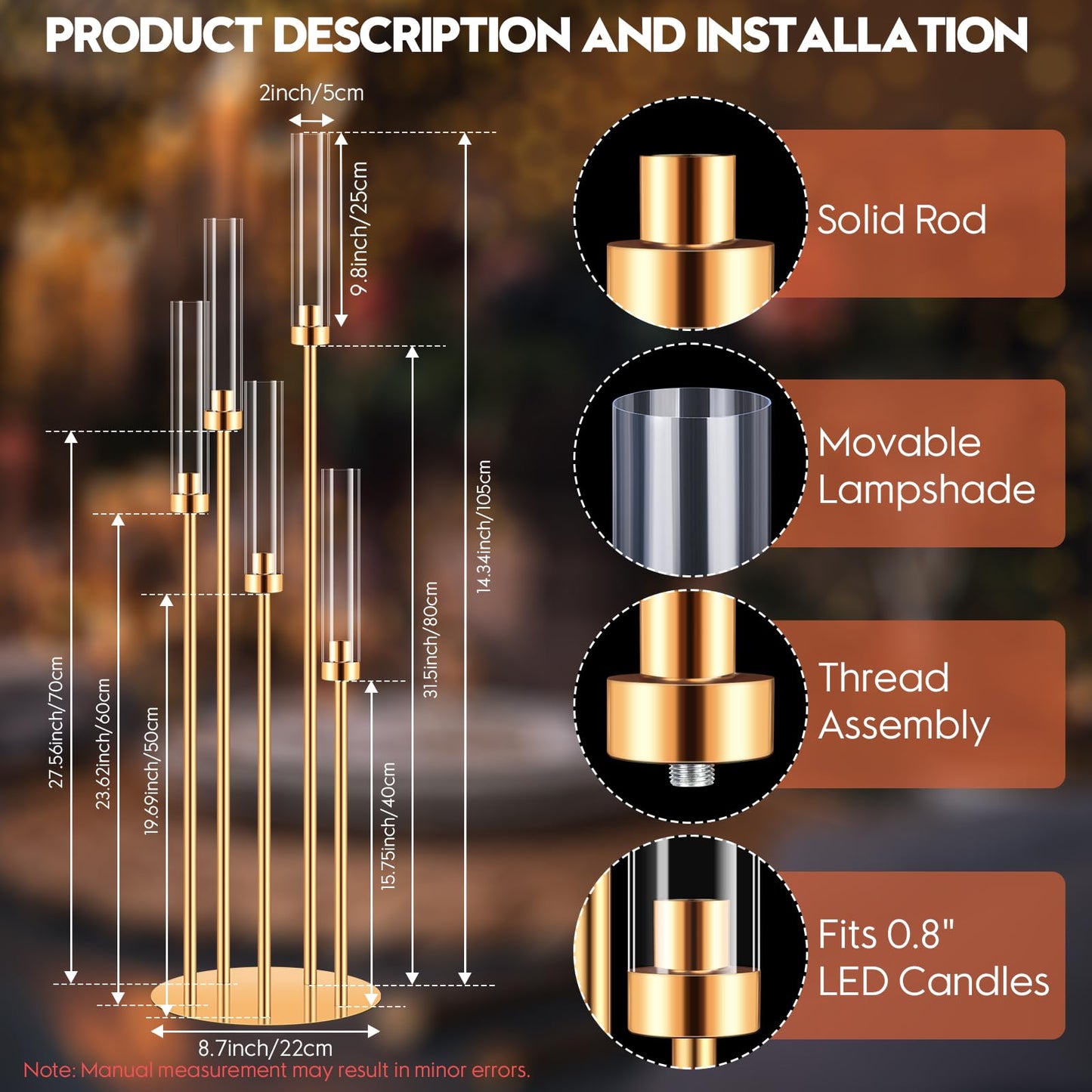 8 Set 5 Arm Gold Candle Holder, Mjkeomo 41.3'' Tall Candelabra Centerpieces for Tables Gold Candlesticks Holder for Housewarming Gift Fireplace Dinner Halloween Christmas Decor Fit 0.82'' LED Candle