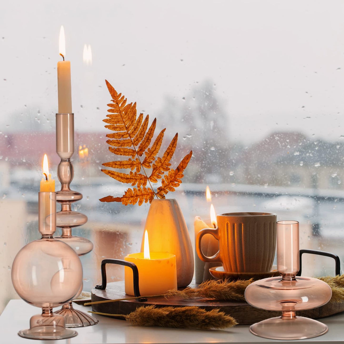 Rtteri 3 Pcs Glass Candlestick Holders Glass Candle Holders Groovy Wavy Elegant Taper Candle Stick for Wedding Home Birthday Party Easter St Patricks Day Decoration Windowsill Decor(Light Brown)