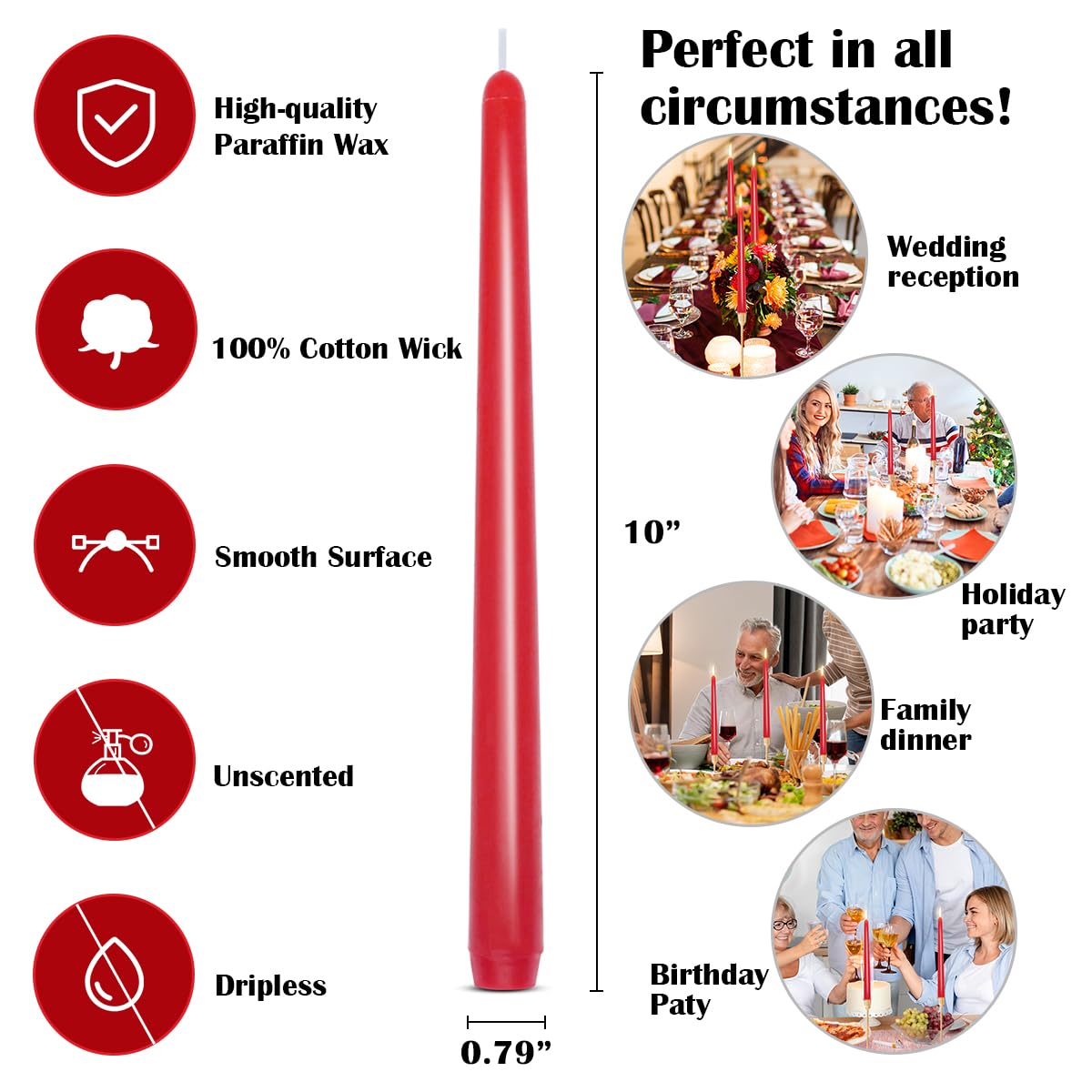 10 Inches Burgundy Unscented Taper Candles for Christmas, 20 Pcs 7/8 Inch Thin Candlesticks for Dinner, Party, Home Decoration and Emergency
