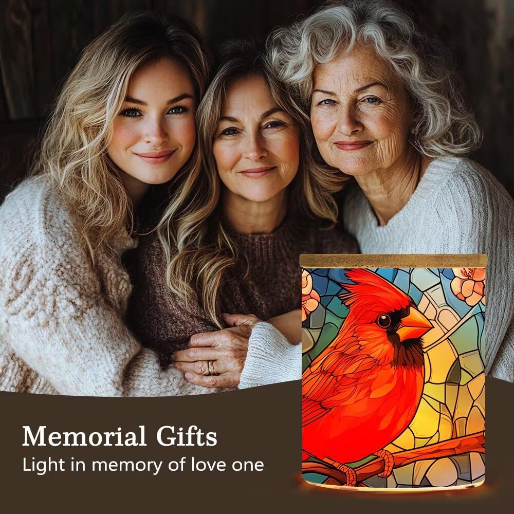 Cardinal Stained Glass Tea Light Holder for Home Decoration, Pink Flower Tealight Candle Holders with Bamboo Lid, Cardinal Bird Votive Candle Jar Memorial Glass Candlesticks - 3.5"x2.8"