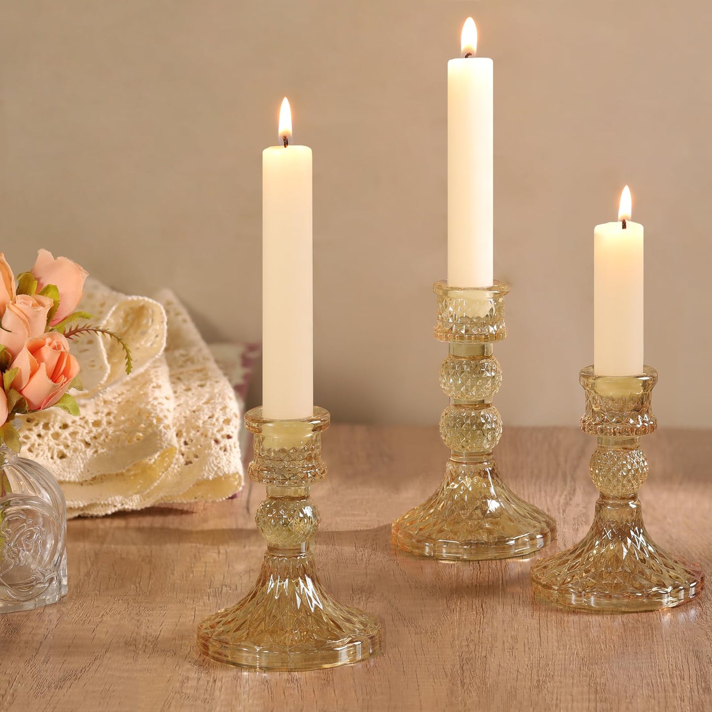 DARJEN Gold Glass Candlestick Holders Set of 6, 4" H & 5" H Taper Candle Holders for Candlesticks & Pillar Candles, Diamond Candle Holders for Wedding Party Table Centerpiece, Home Decor