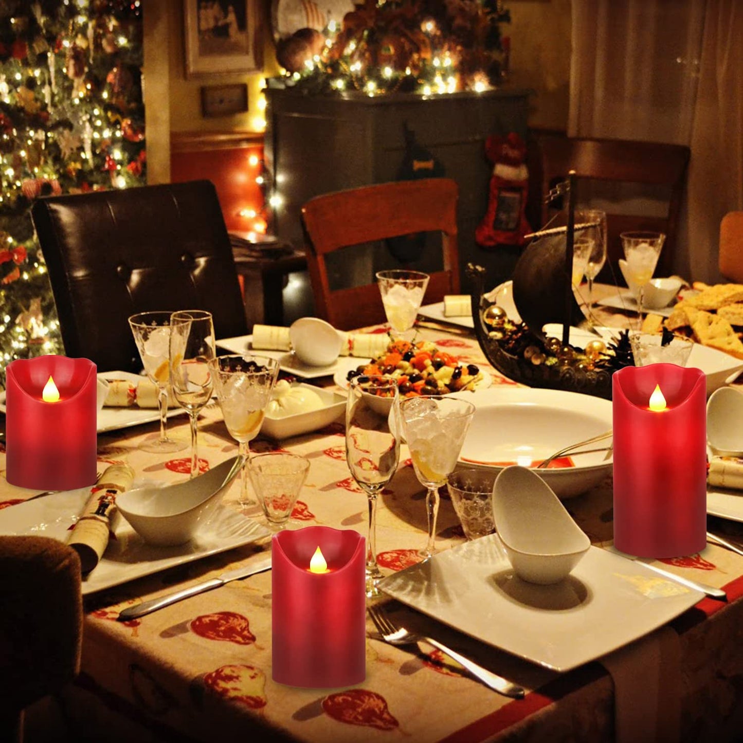 JUNPEI LED Candles, Battery Flickering Candles, Set of 3 Red Real Wax,300+ Hour Decorating Pillars Candles, with10 Buttons Remote Control with 24 Hour Timer Function for Decoration Christmas