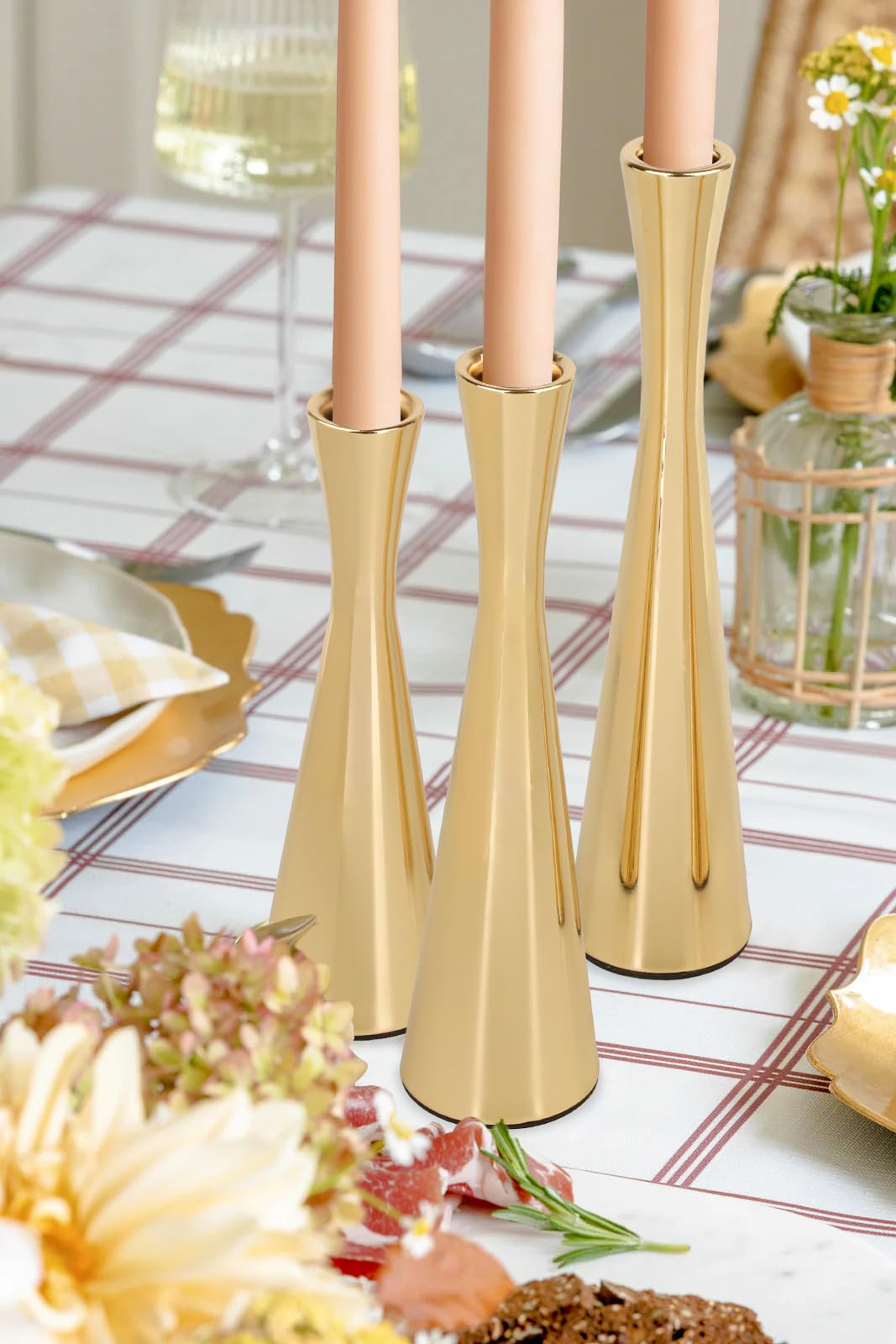 Vixdonos Light Gold Taper Candle Holders Metal Candlestick Holders Set of 3 Table Mantel Decorative Candle Stand for Dinning,Party,Wedding,Home Decor(Light Gold)