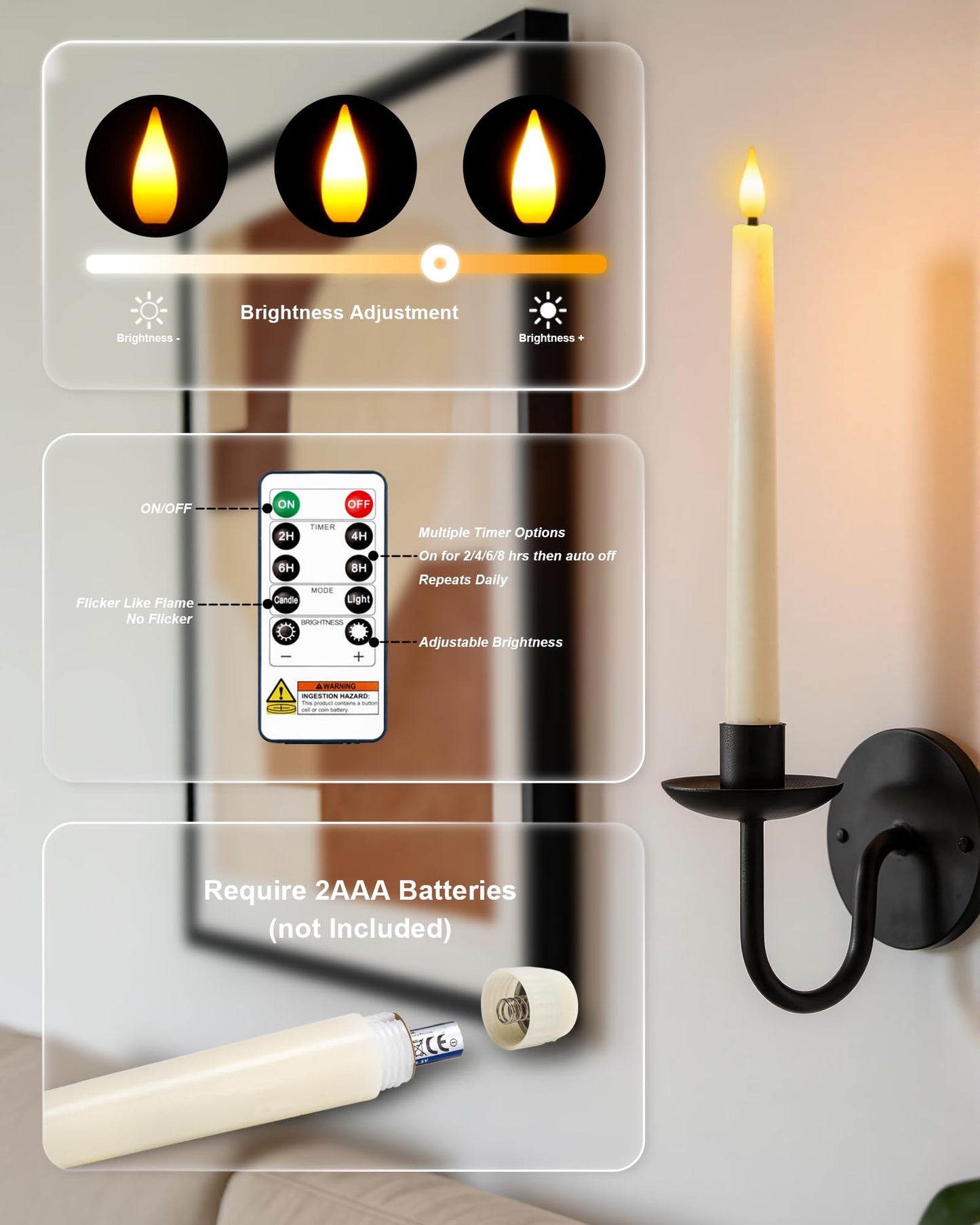 Homemory 6 Pcs Waxy Flameless Taper Candles with Remote, Flickering Battery Operated Candlesticks, Led Fake Candles Tall Candle for Home, Wedding, Party, Ivory, 9.6 inches