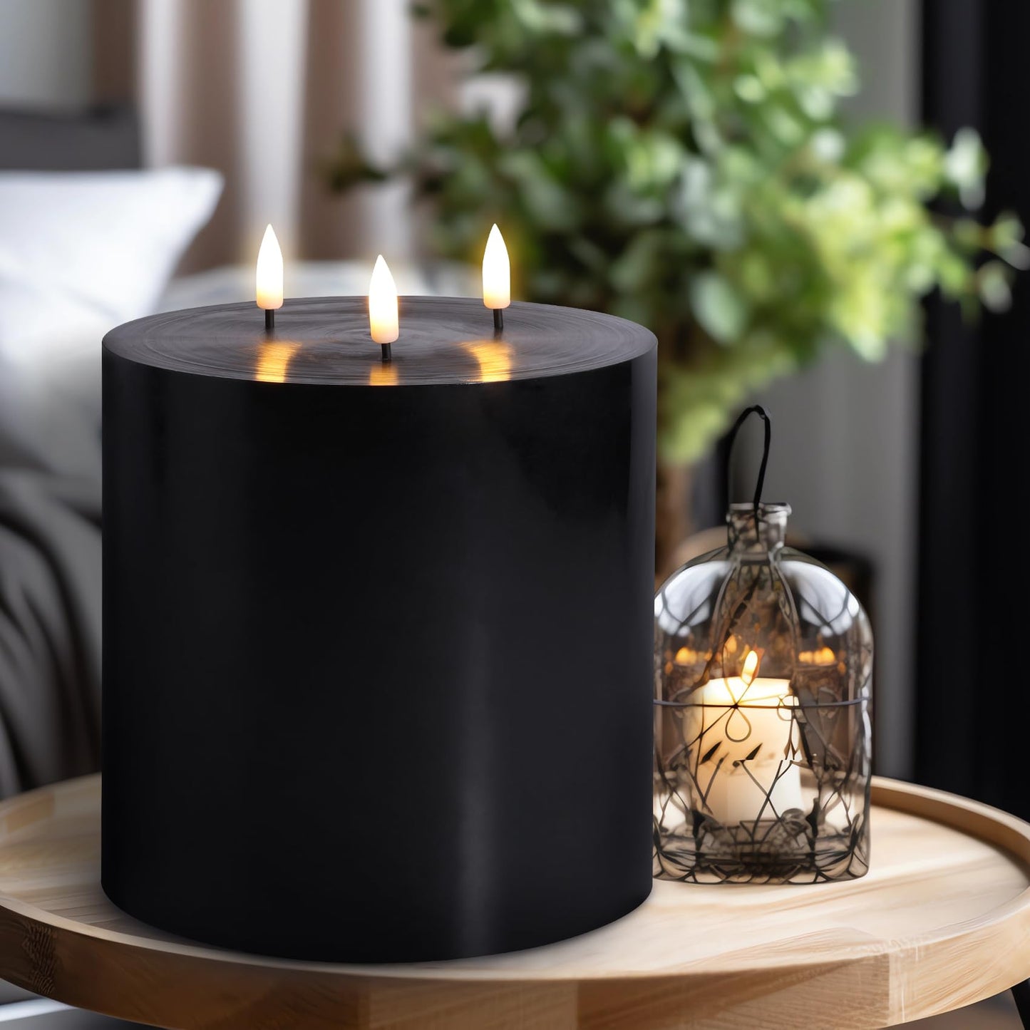 Eywamage 3 Wick Black Flameless Pillar Candle with Remote, Flickering Large Battery LED Wax Candle Φ 6" H 6"