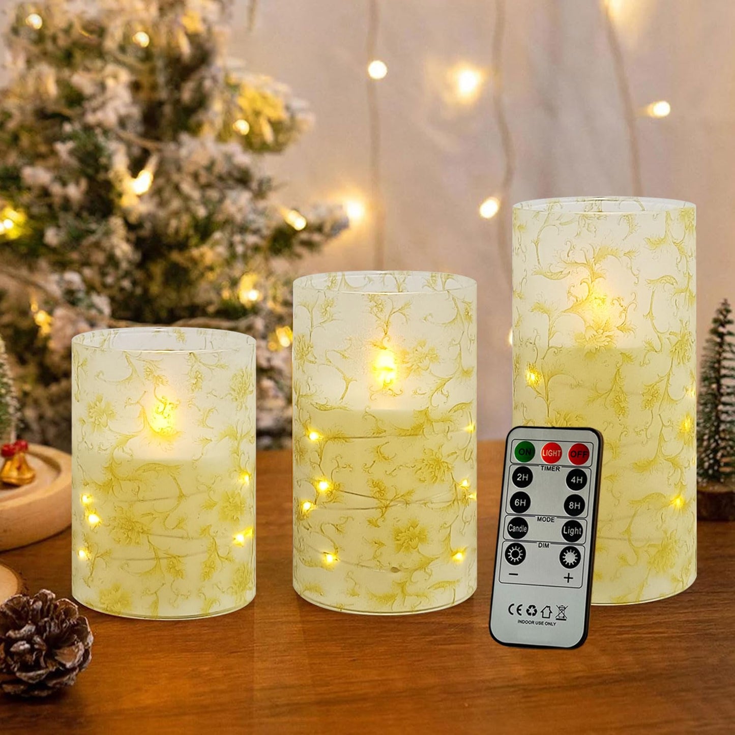 NjaoHoo Flickering Flameless Candles, Recessed String Light LED Candles 3D Wick Acrylic Battery Operated LED Pillar Candles with Remote and Timer for Modern Simple Home Decor Set of 3(Gold Flower)