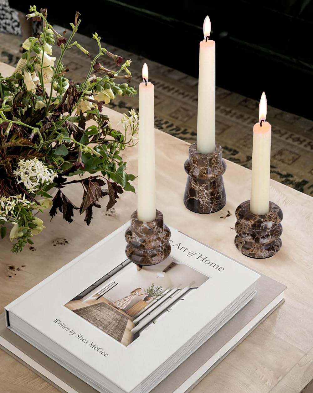 Vixdonos Marble Candle Holder Set of 3 Taper Candle Candlestick Mantle Candle Stand for Home Decor,Wedding,Party and Table Centerpieces(Brown)