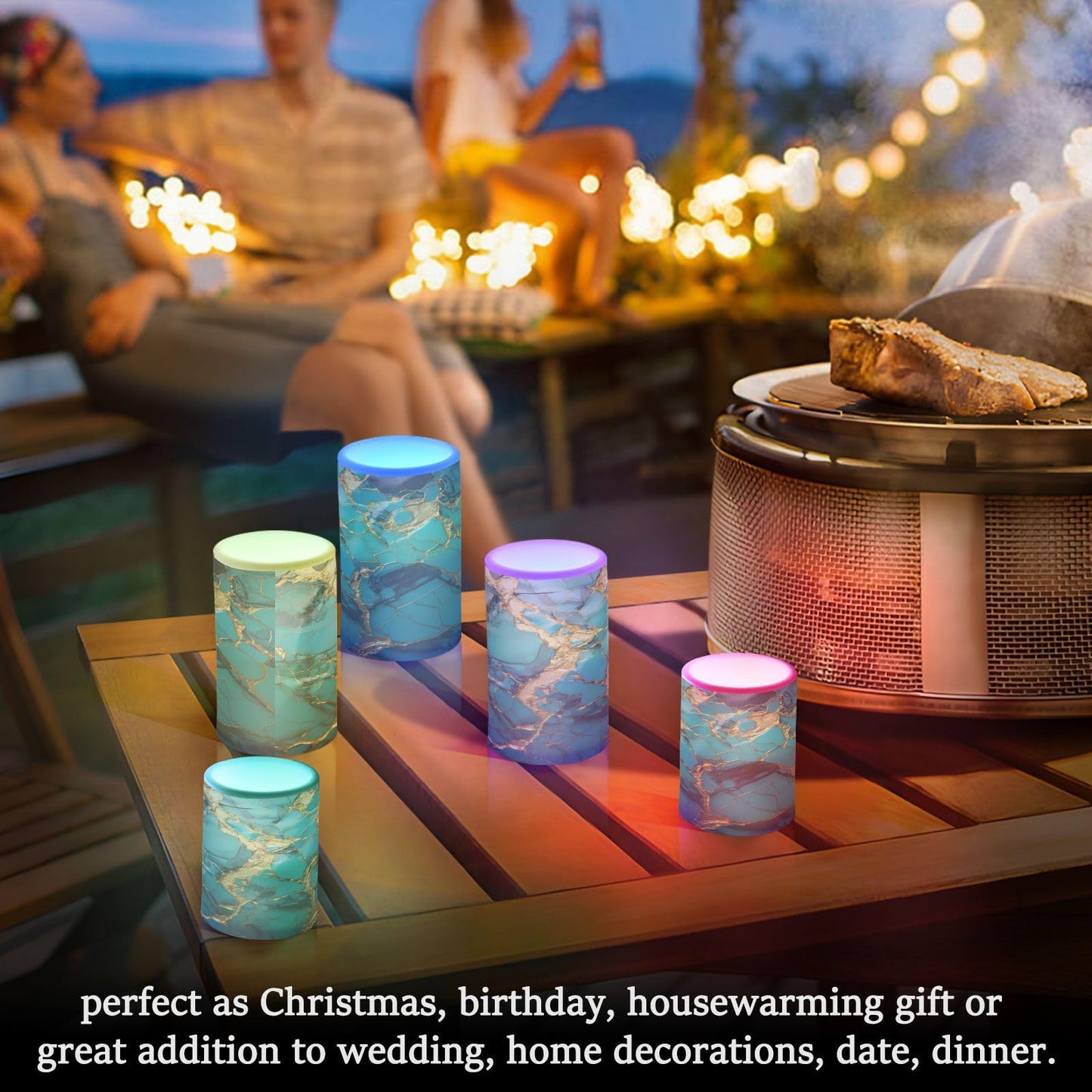 BOENLE Flickering Flameless Candles, Turquoise Golden Marble LED Candles with Remote Timer, Set of 2 Battery Operated Candle for Valentine Wedding Birthday